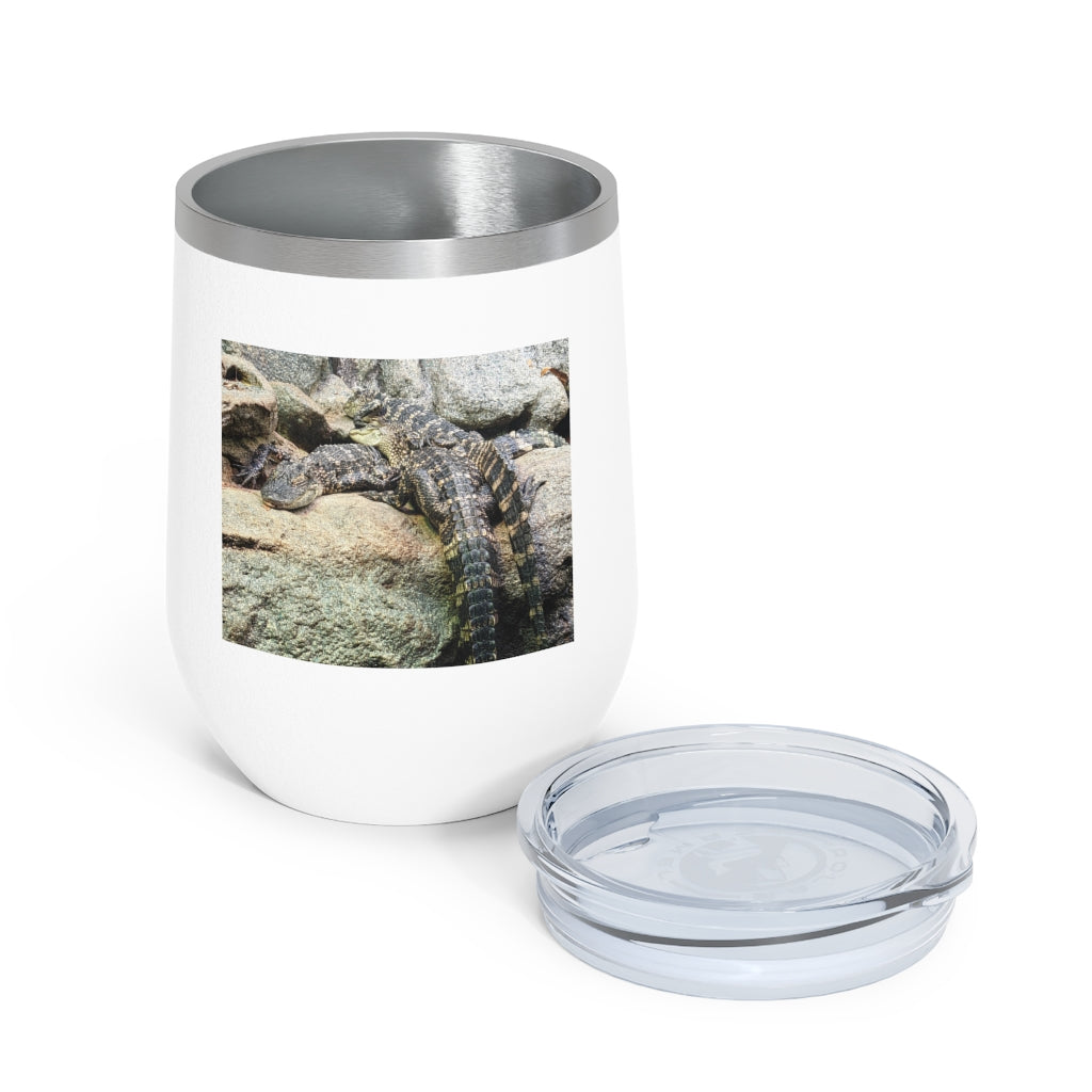 Crocodiles 12oz Insulated Wine Tumbler with clear lid, showcasing stylish design and stainless steel finish.