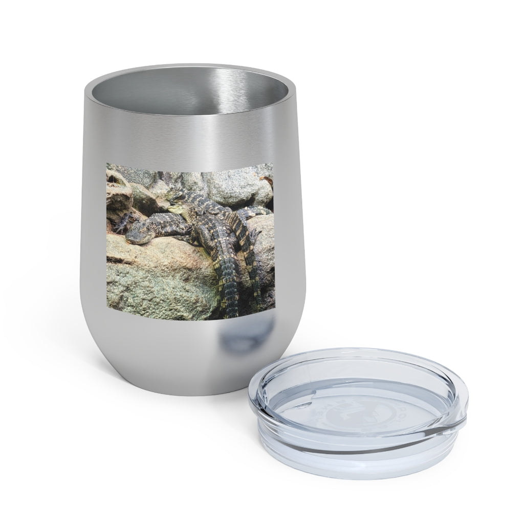 Crocodiles 12oz Insulated Wine Tumbler with clear lid, showcasing stylish design and stainless steel finish.