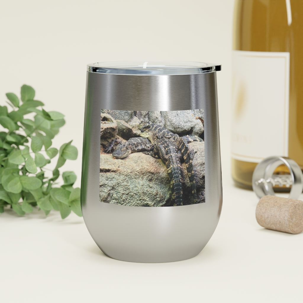 Crocodiles 12oz Insulated Wine Tumbler with clear lid, showcasing stylish design and stainless steel finish.