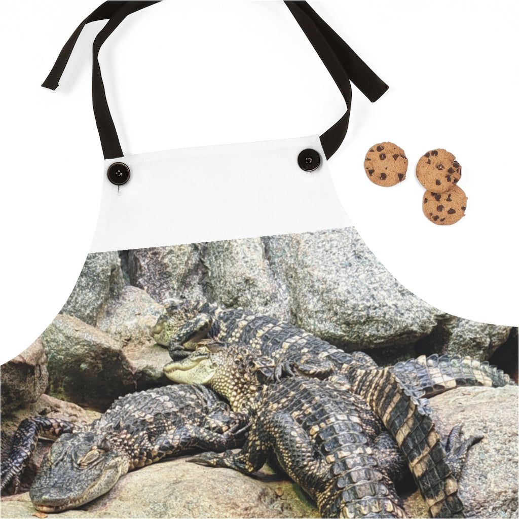 Crocodiles Apron made of lightweight polyester with black detachable twill straps, featuring a customizable design.