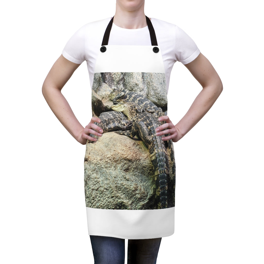 Crocodiles Apron made of lightweight polyester with black detachable twill straps, featuring a customizable design.