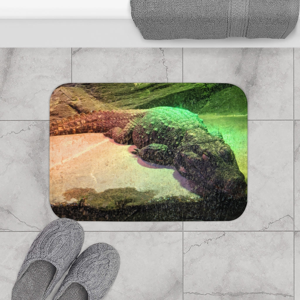 Crocodiles Bath Mat featuring a stylish crocodile design with anti-slip backing, made from soft microfiber material.