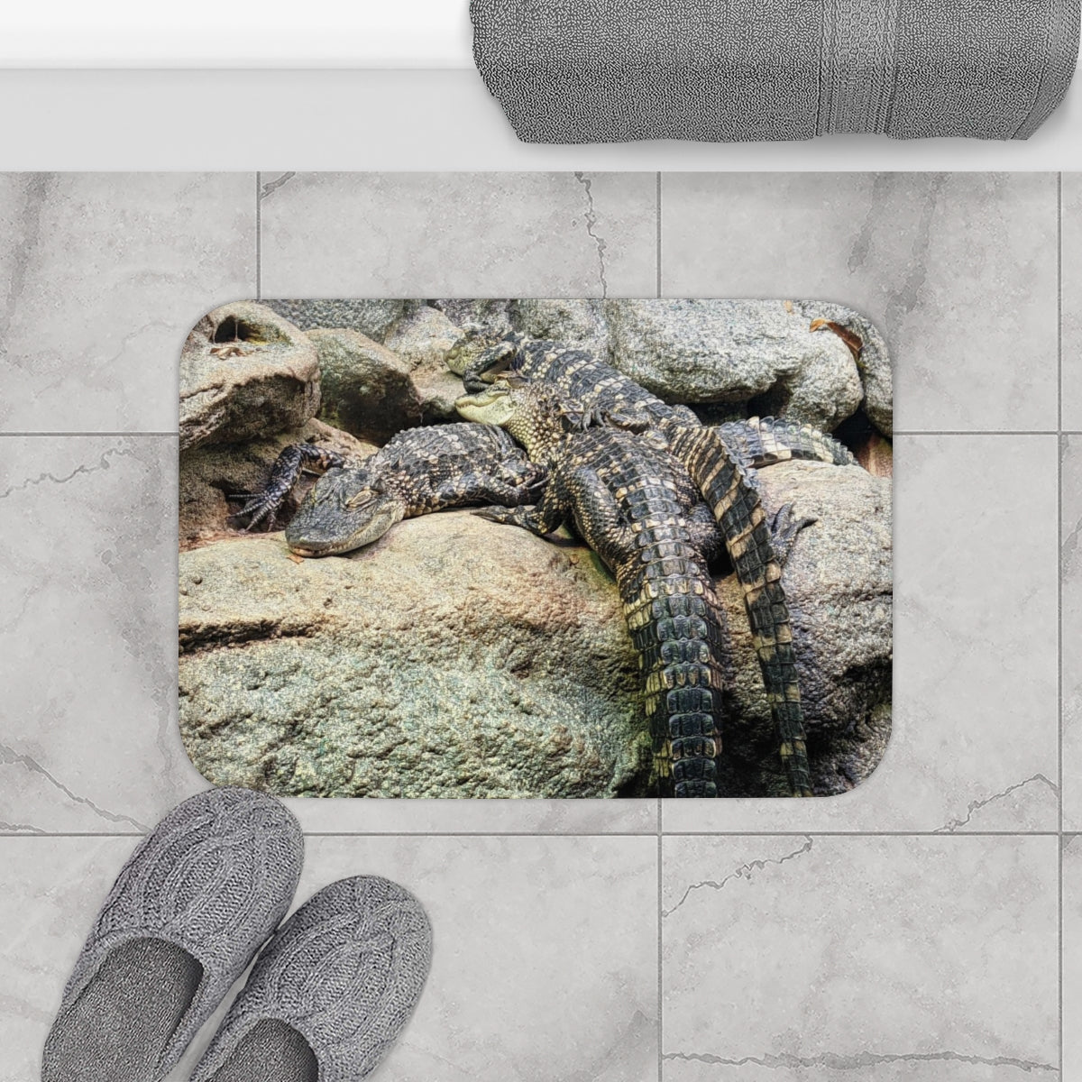 Crocodiles Bath Mat featuring a playful crocodile design with anti-slip backing, perfect for bathroom safety and style.