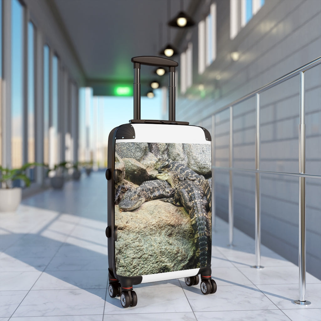 Crocodiles Cabin Suitcase featuring a personalized design, lightweight polycarbonate front, and ABS back, with adjustable handle and 360° swivel wheels.