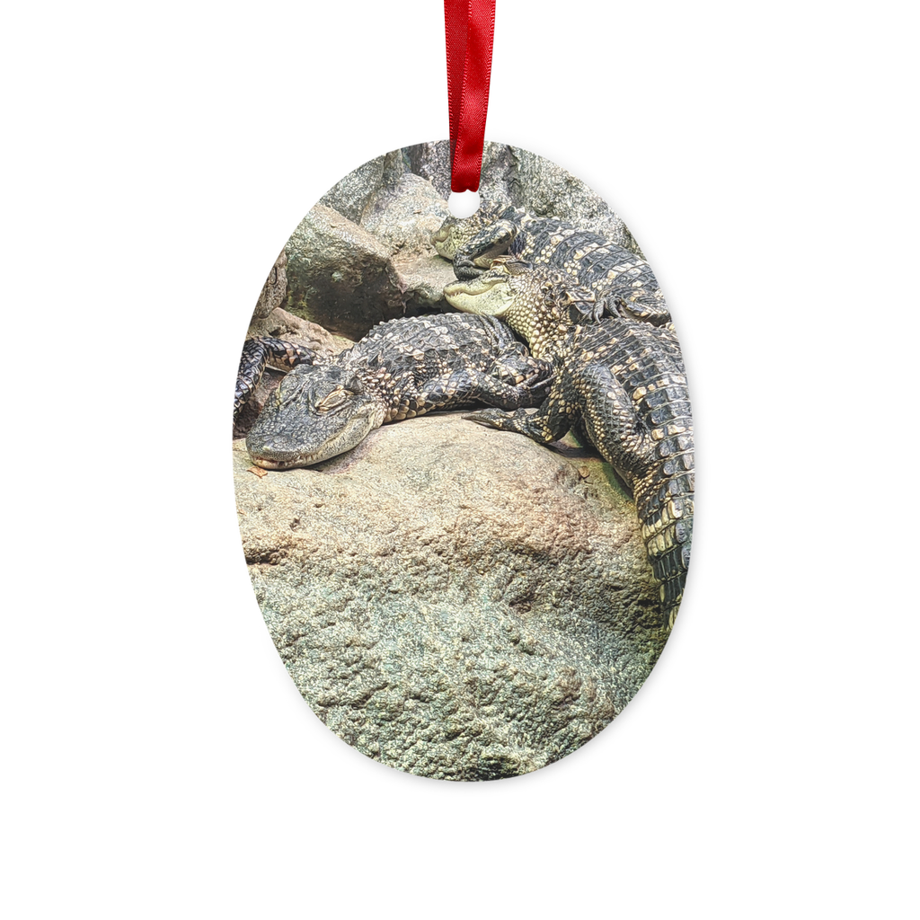 Crocodiles Ceramic Hanging Ornament with red ribbon and gold string, perfect for Christmas decoration.