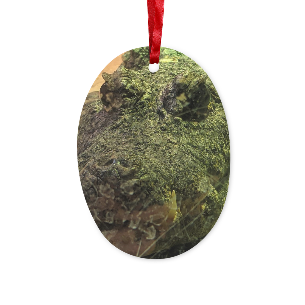 Crocodiles Ceramic Hanging Ornament with red ribbon and gold string, beautifully crafted for holiday decoration.