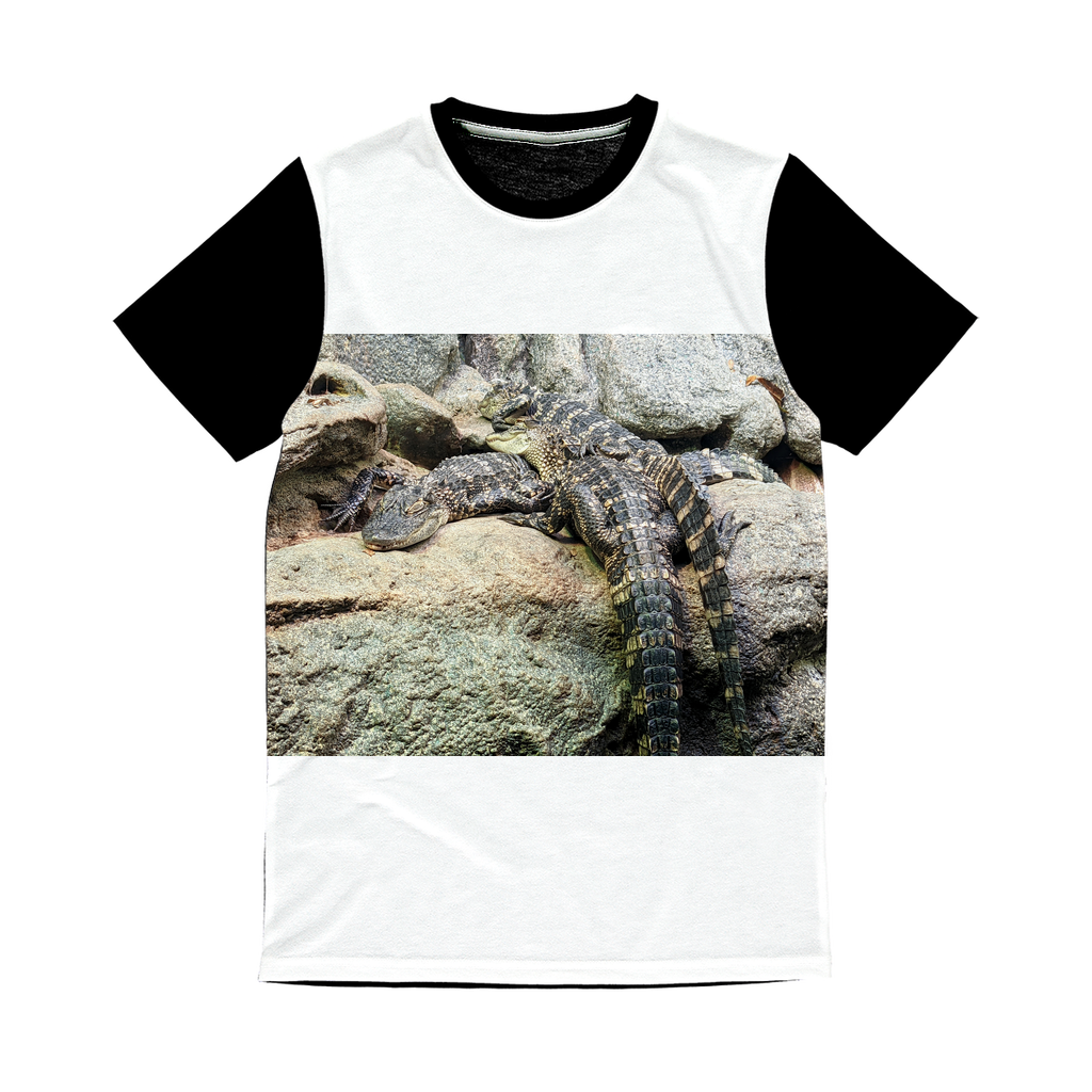 Crocodiles Classic Sublimation Panel T-Shirt featuring vibrant front design and plain black back, ideal for sublimation printing.