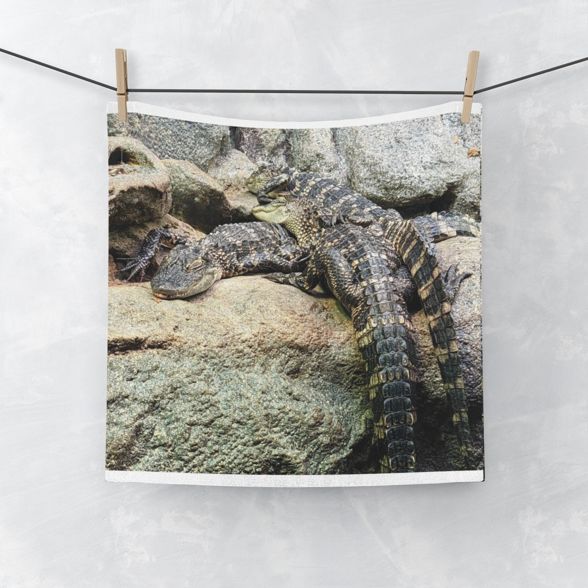 Crocodiles Face Towel featuring a customizable polyester front and soft cotton back, ideal for bathroom use.