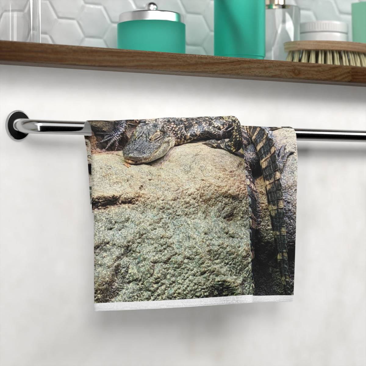 Crocodiles Face Towel featuring a customizable polyester front and soft cotton back, ideal for bathroom use.