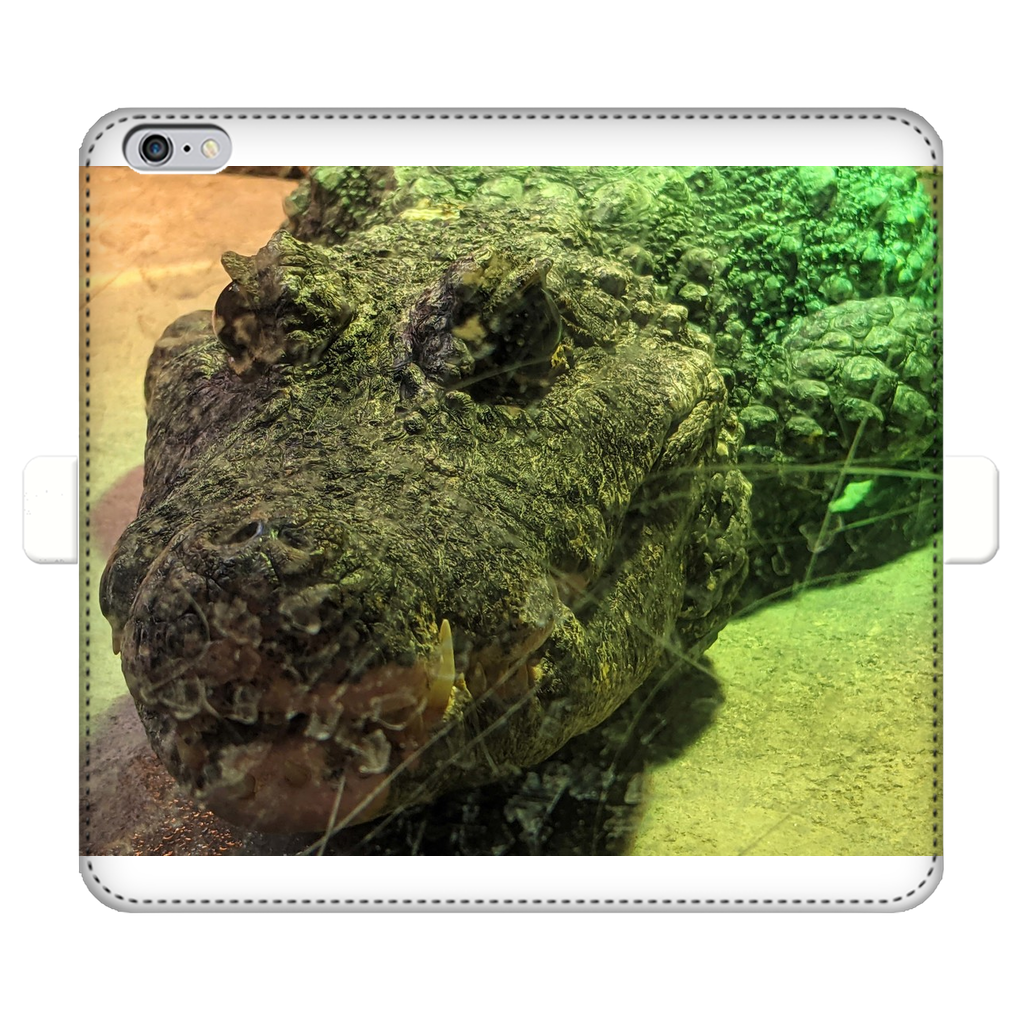 Crocodiles Fully Printed Wallet Case featuring a vibrant crocodile design on a white faux leather exterior, with a black interior for phone protection.