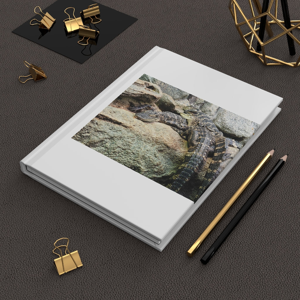 Crocodiles Hardcover Journal with matte finish and customizable covers, featuring lined pages for writing.