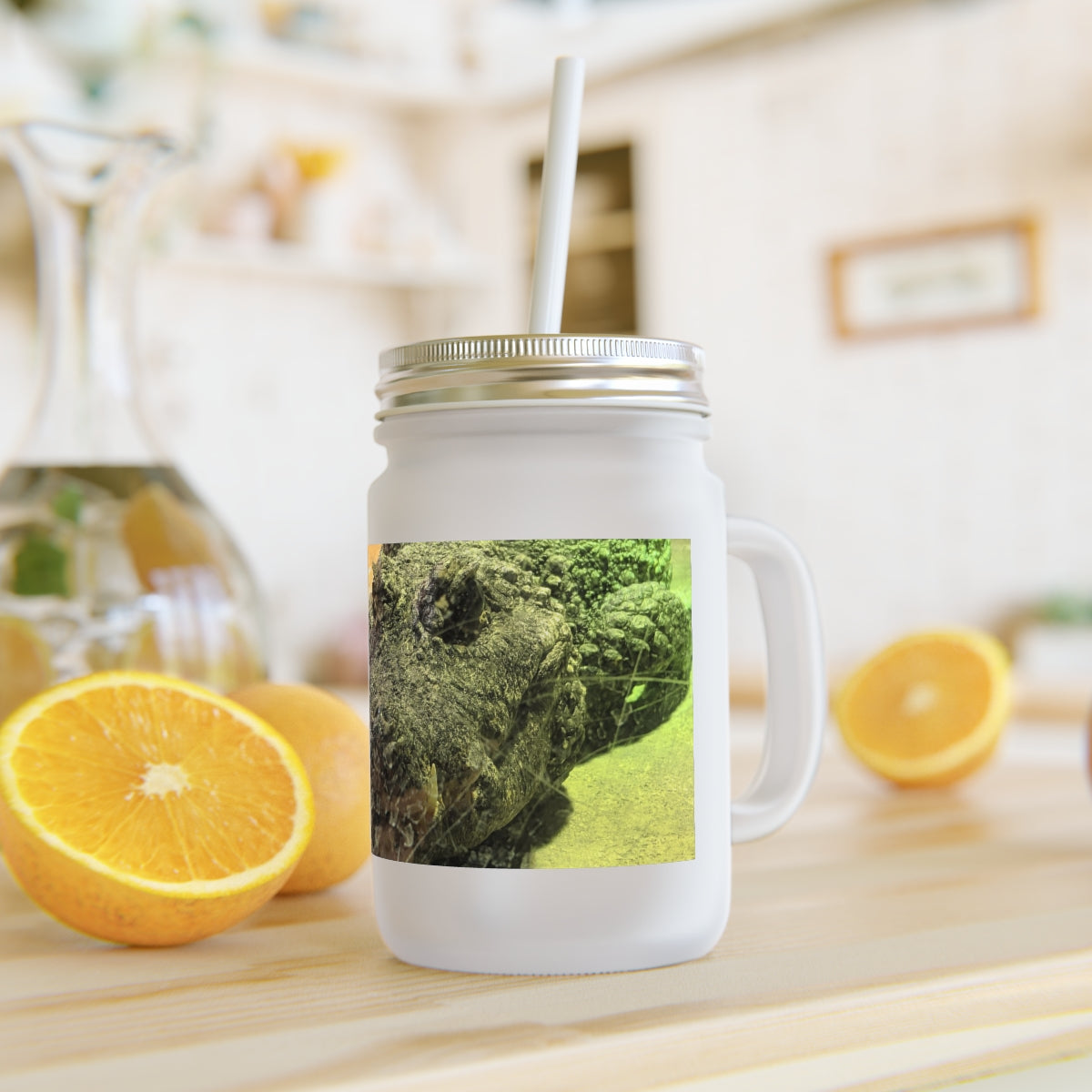 Crocodiles Mason Jar with straw and lid, showcasing frosted glass design.