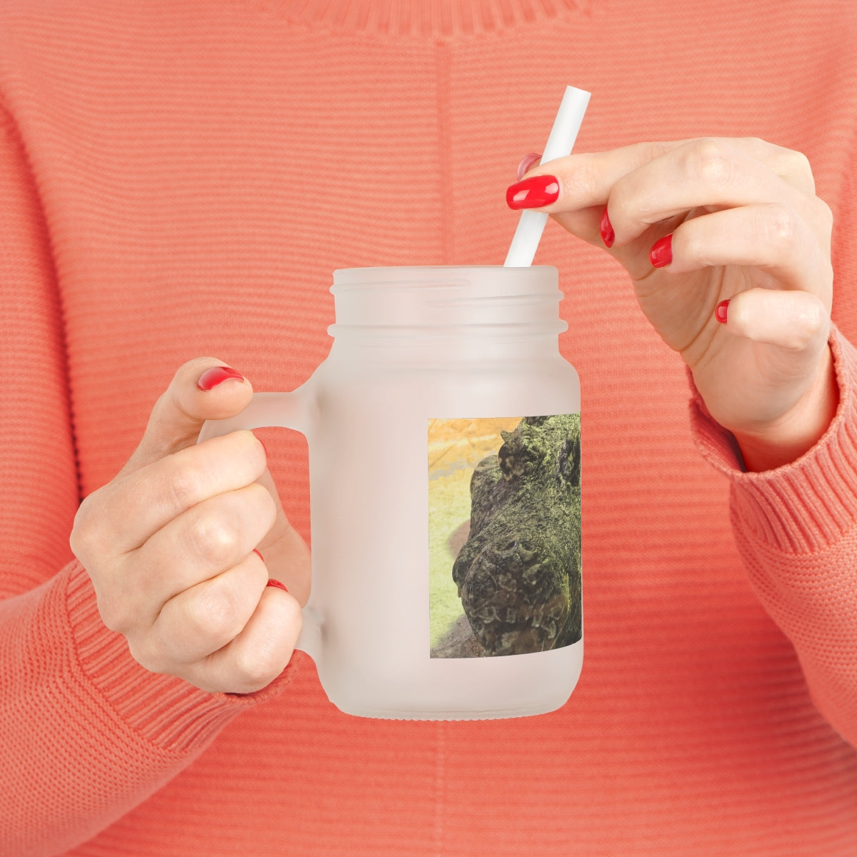 Crocodiles Mason Jar with straw and lid, showcasing frosted glass design.