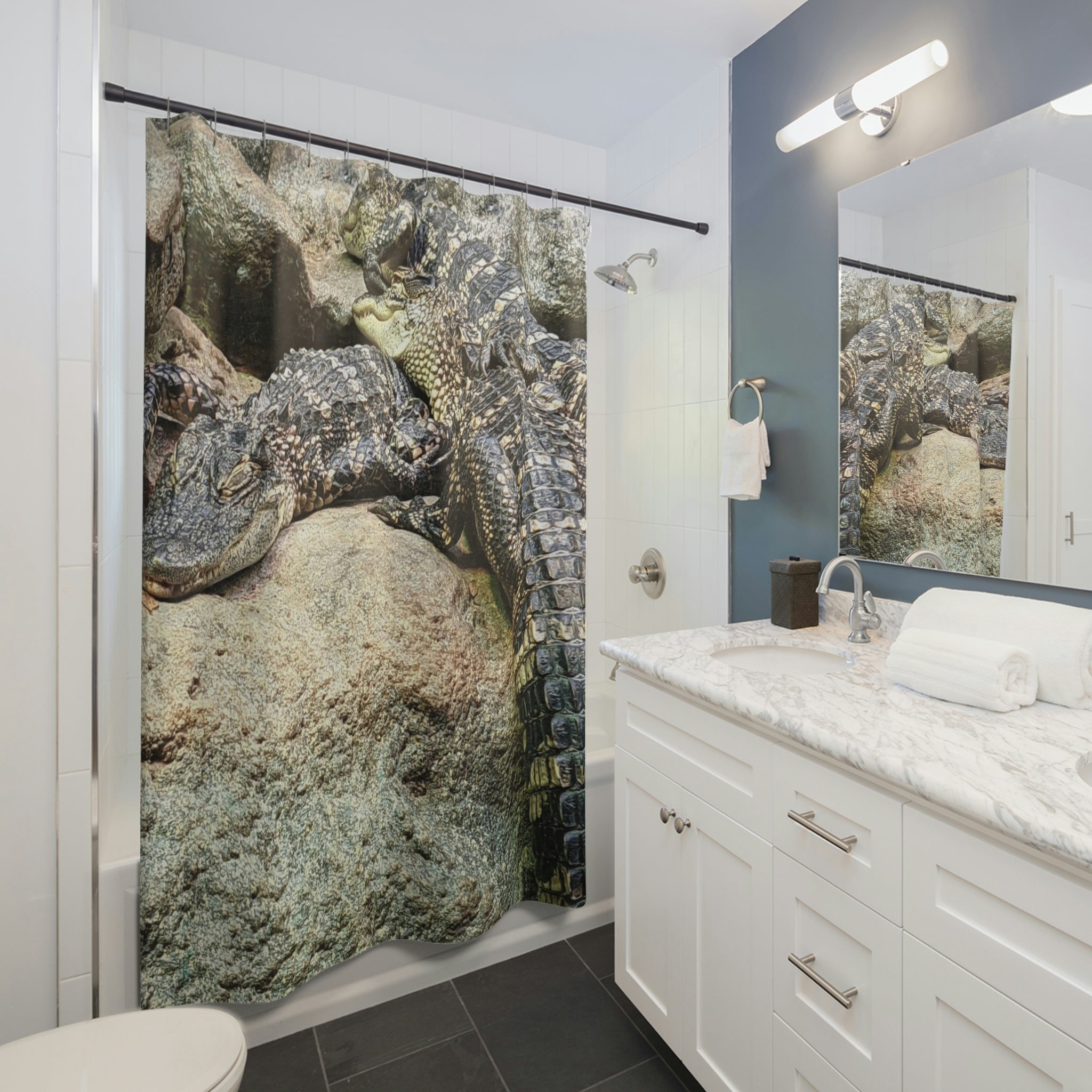 A vibrant Crocodiles Shower Curtain featuring a unique crocodile design, made from durable polyester, perfect for adding style to any bathroom.