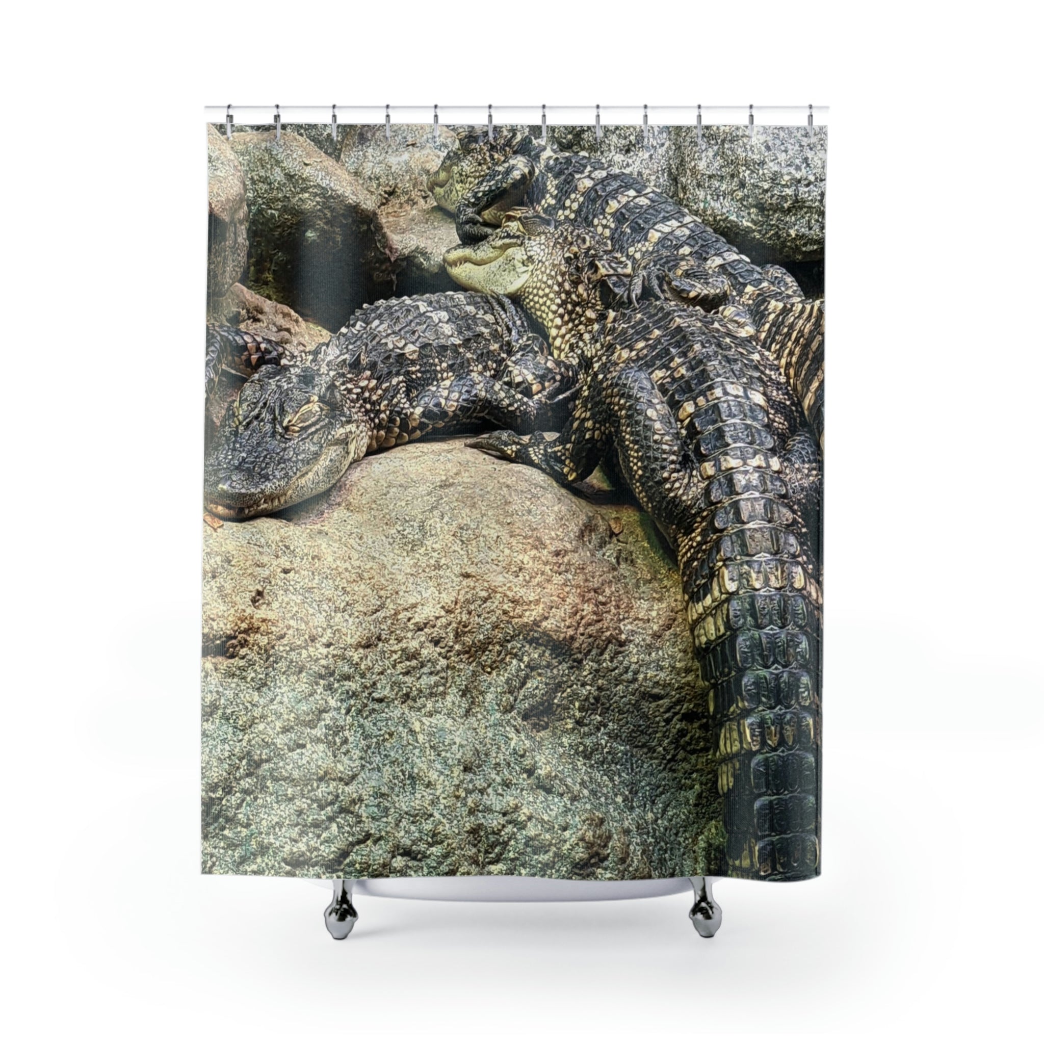 A vibrant Crocodiles Shower Curtain featuring a unique crocodile design, made from durable polyester, perfect for adding style to any bathroom.