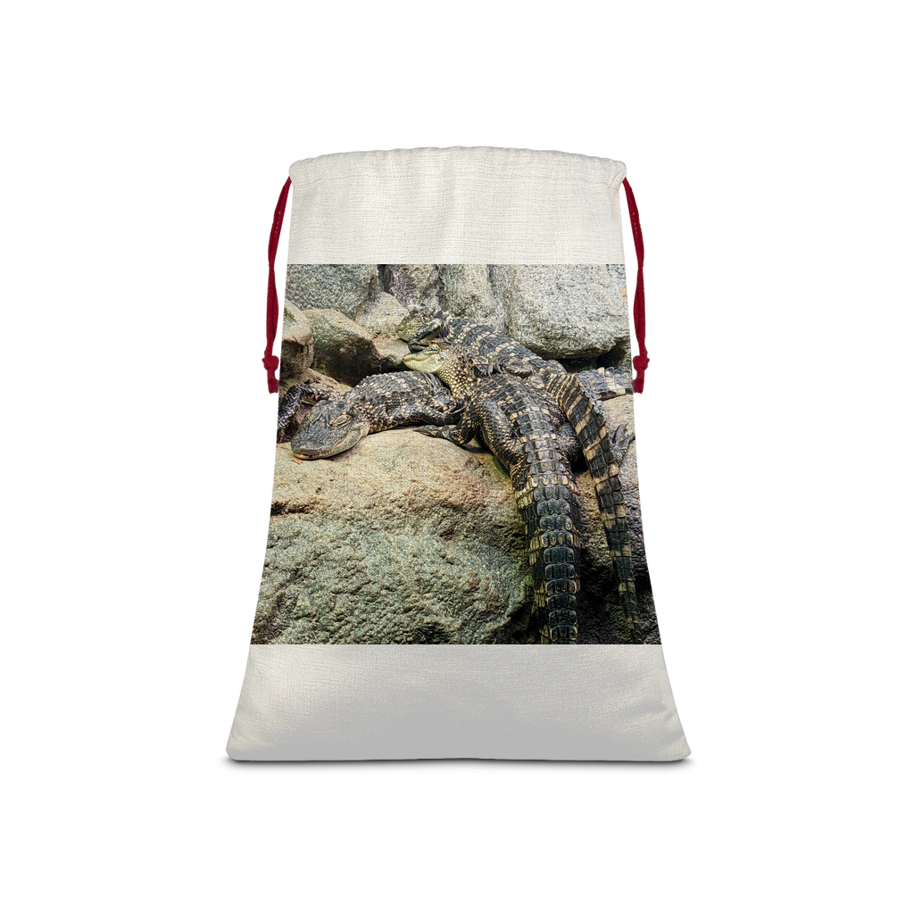 Crocodiles Sublimation Linen Drawstring Sack with red drawstring, featuring vibrant eco-friendly print, ideal for Christmas gifts and laundry.