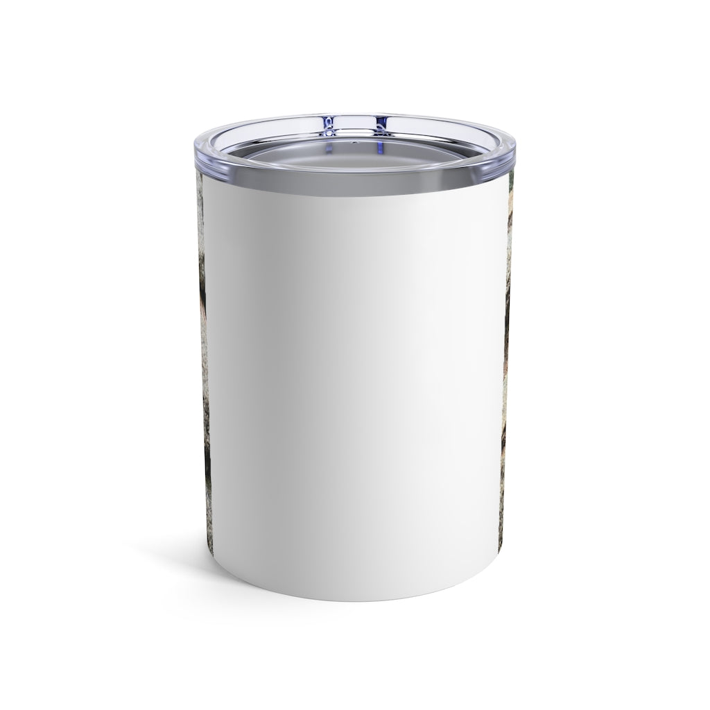 Crocodiles Tumbler 10oz in stainless steel with a see-thru plastic lid, showcasing its sleek design and rounded corners.