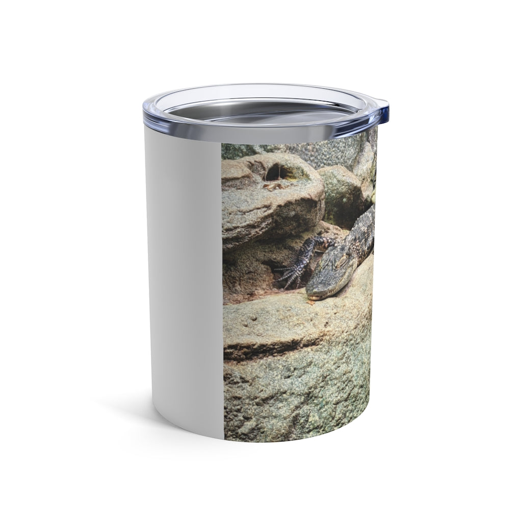 Crocodiles Tumbler 10oz in stainless steel with a see-thru plastic lid, showcasing its sleek design and rounded corners.