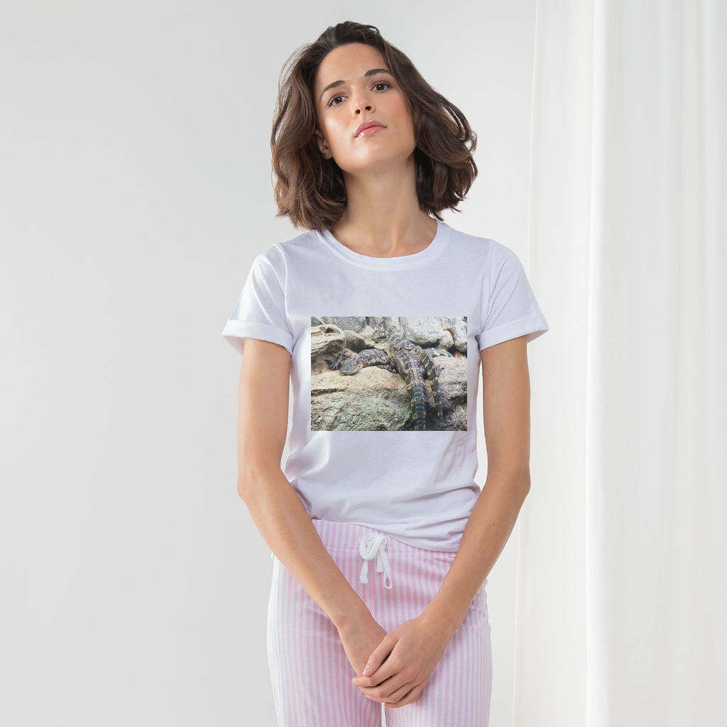 Crocodiles Women's Long Pant Pyjama Set featuring a white t-shirt with turn-up cuffs and heather grey striped pants with a matching drawcord bag.