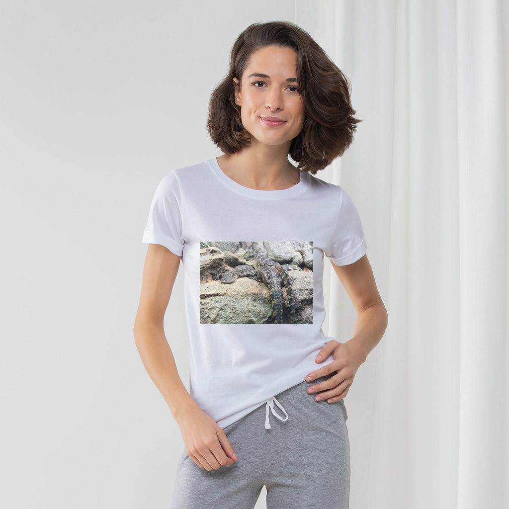 Crocodiles Women's Long Pant Pyjama Set featuring a white t-shirt with turn-up cuffs and heather grey striped pants with a matching drawcord bag.