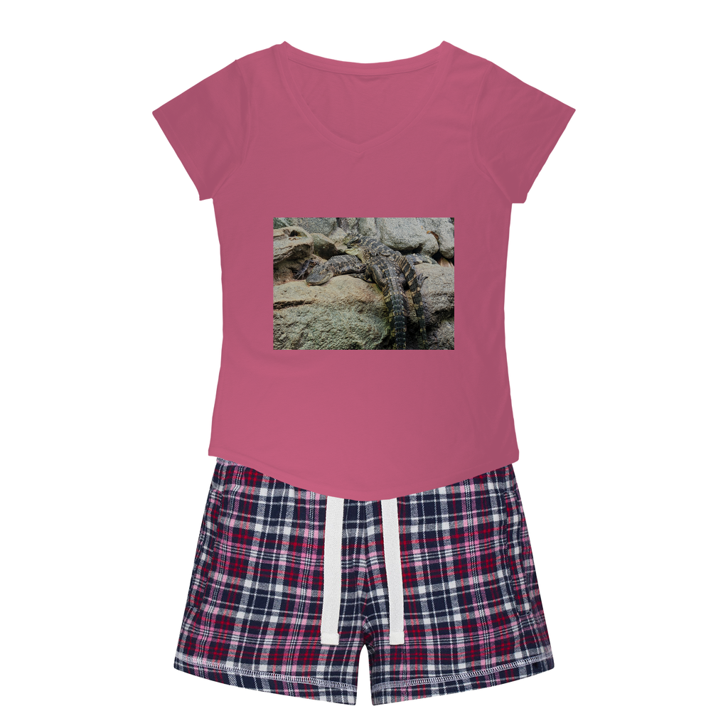 Crocodiles Women's Sleepy Tee and Flannel Short set featuring a relaxed fit T-shirt and vibrant flannel shorts, perfect for cozy nights.