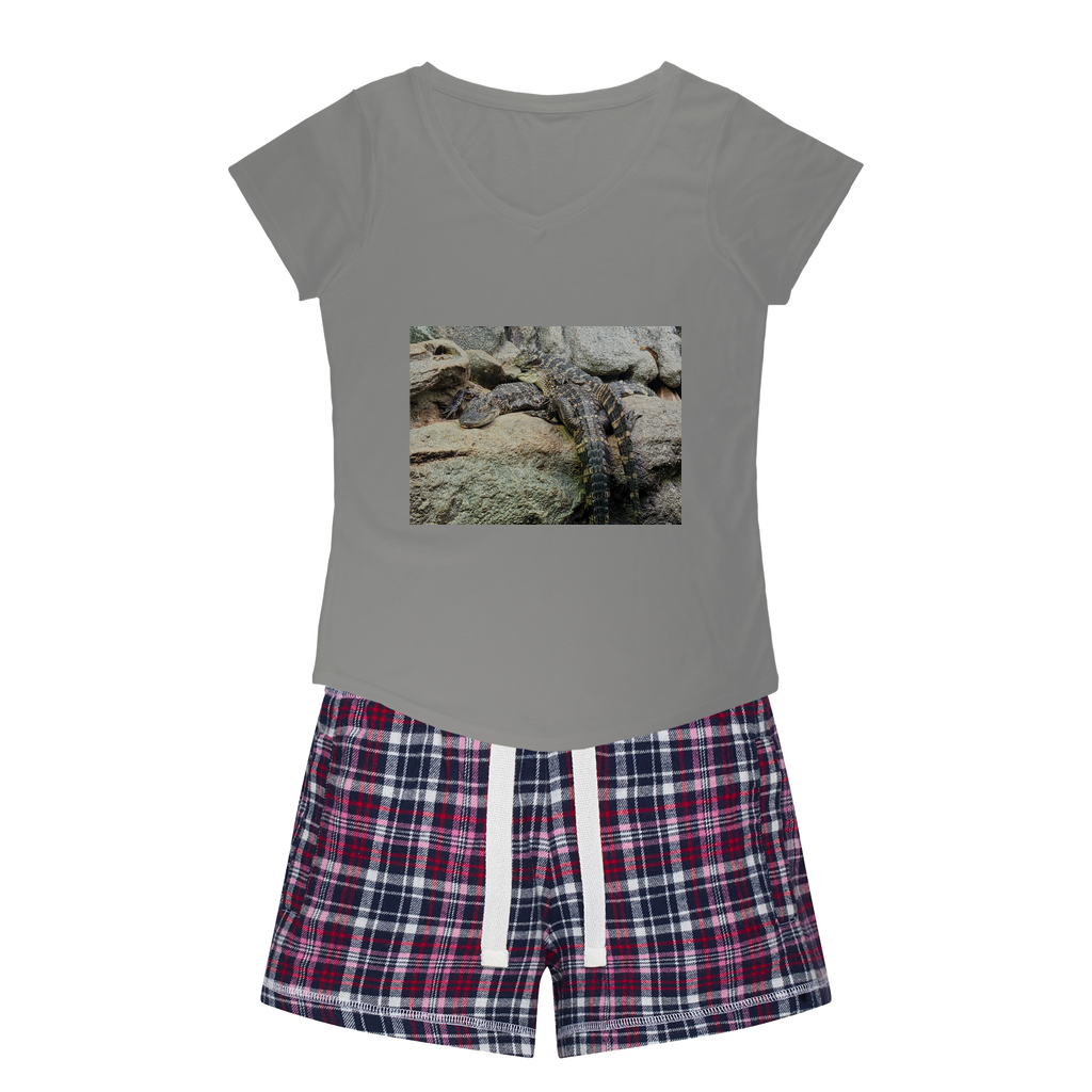 Crocodiles Women's Sleepy Tee and Flannel Short set featuring a relaxed fit T-shirt and vibrant flannel shorts, perfect for cozy nights.