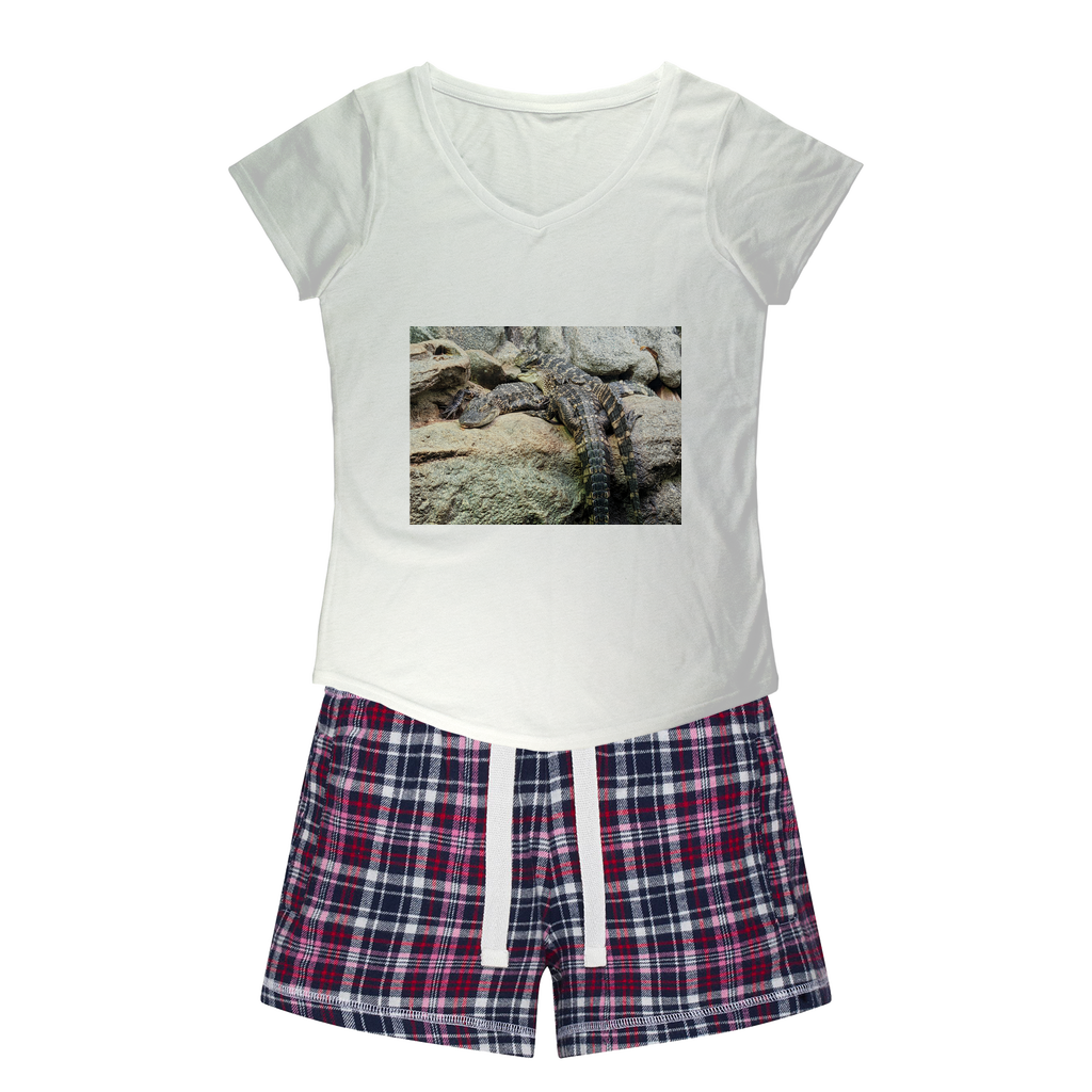 Crocodiles Women's Sleepy Tee and Flannel Short set featuring a relaxed fit T-shirt and vibrant flannel shorts, perfect for cozy nights.