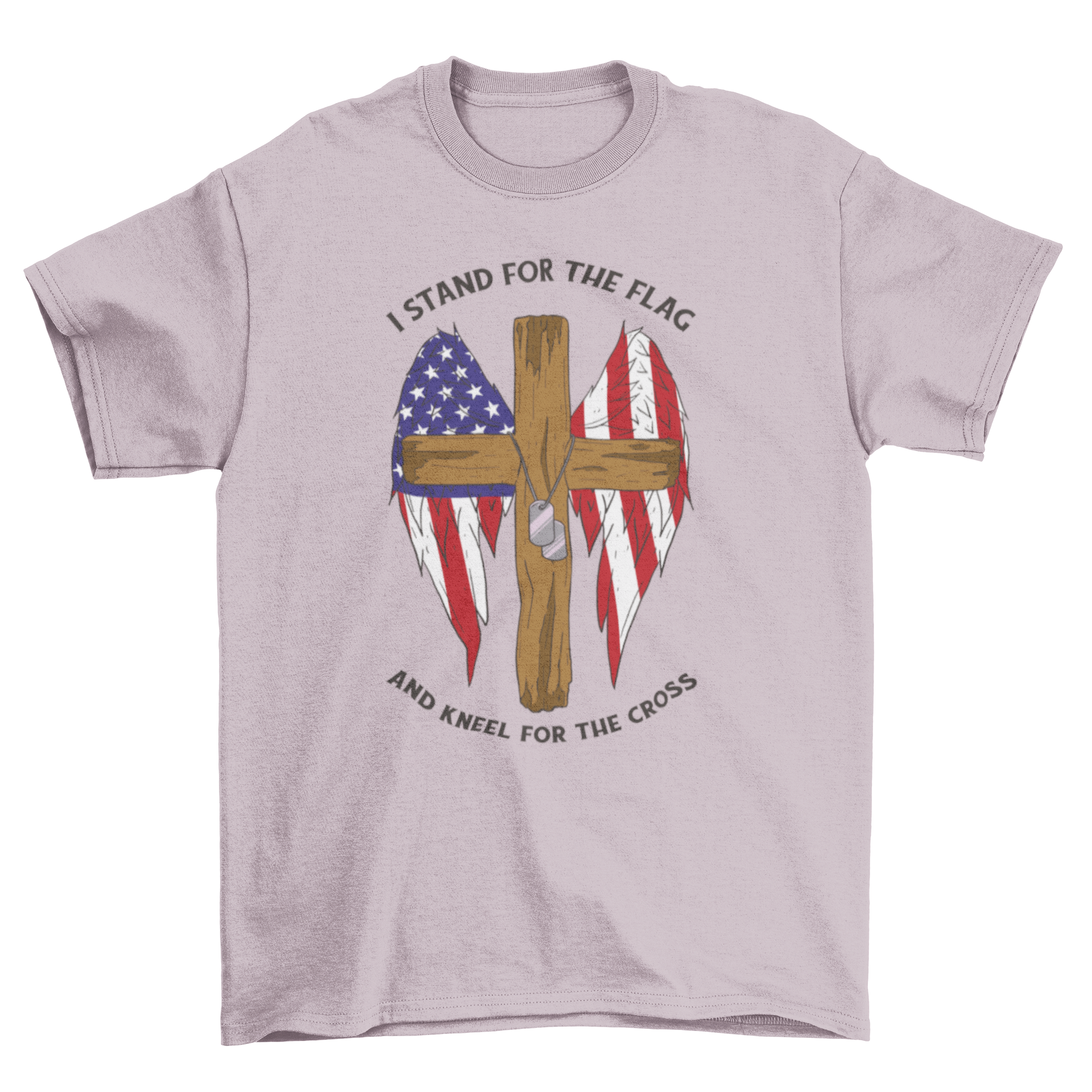 A stylish t-shirt featuring a wooden cross with wings colored in the US flag design, perfect for patriotic occasions.