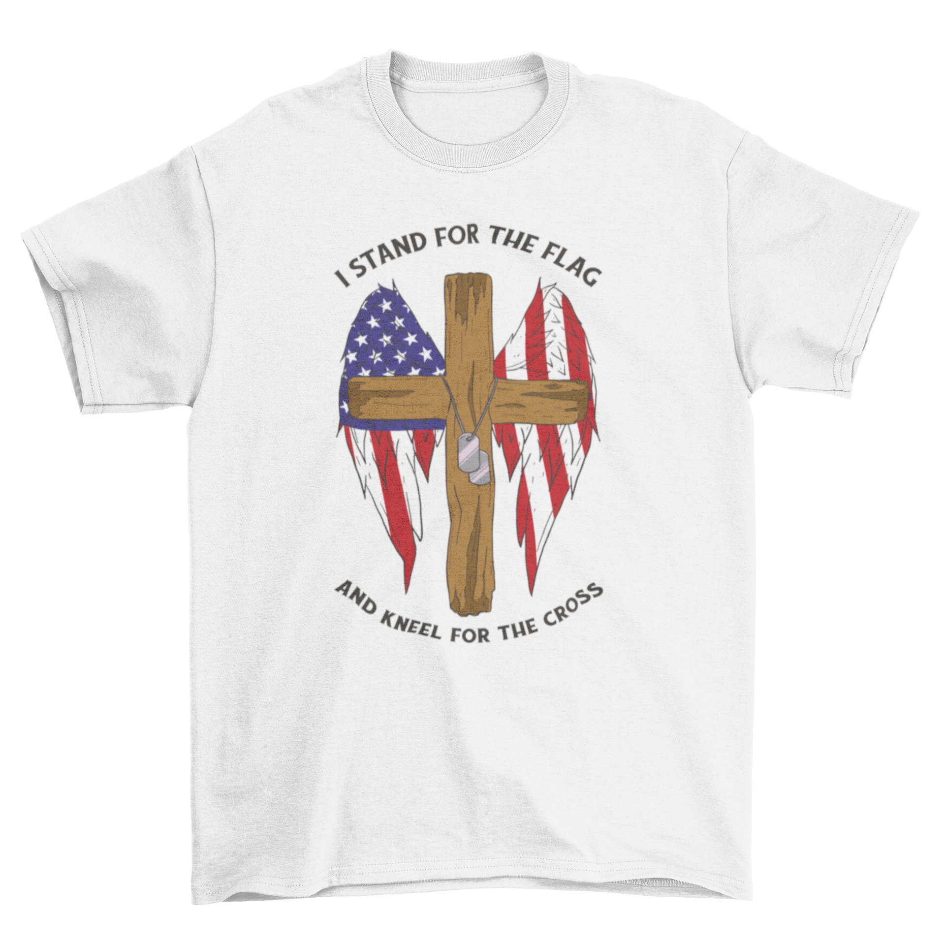 A stylish t-shirt featuring a wooden cross with wings colored in the US flag design, perfect for patriotic occasions.