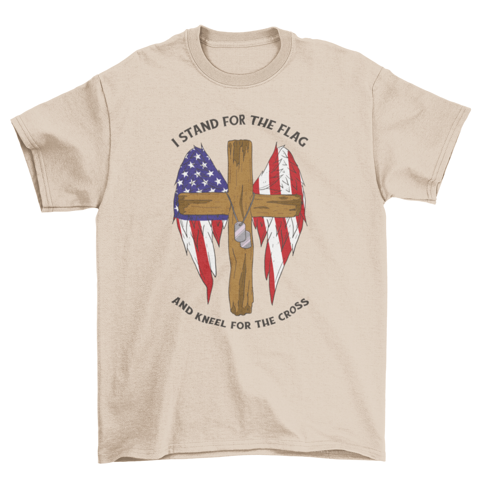 A stylish t-shirt featuring a wooden cross with wings colored in the US flag design, perfect for patriotic occasions.