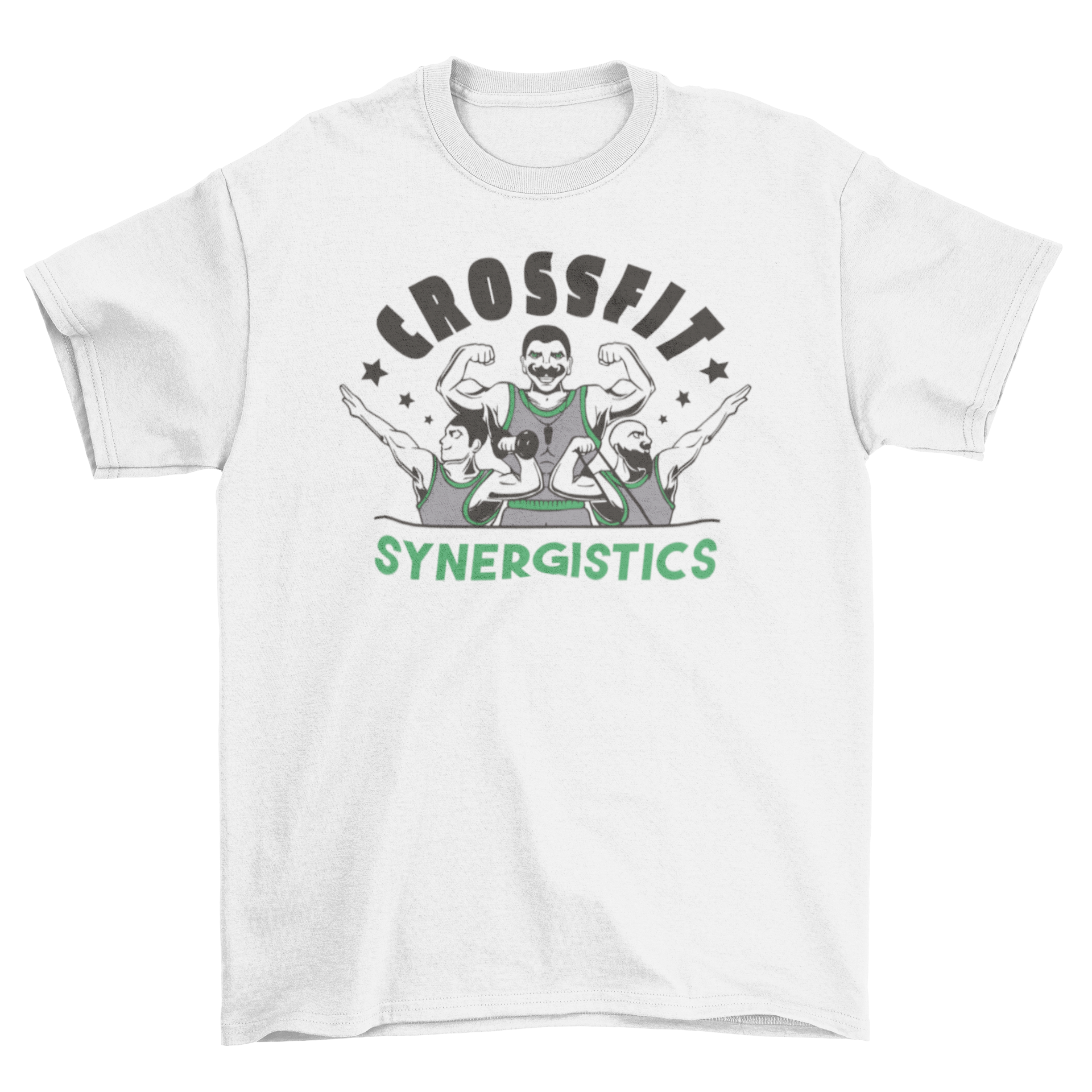 A motivational Crossfit t-shirt featuring three muscular men and the quote 'Crossfit synergistics' in a stylish design.