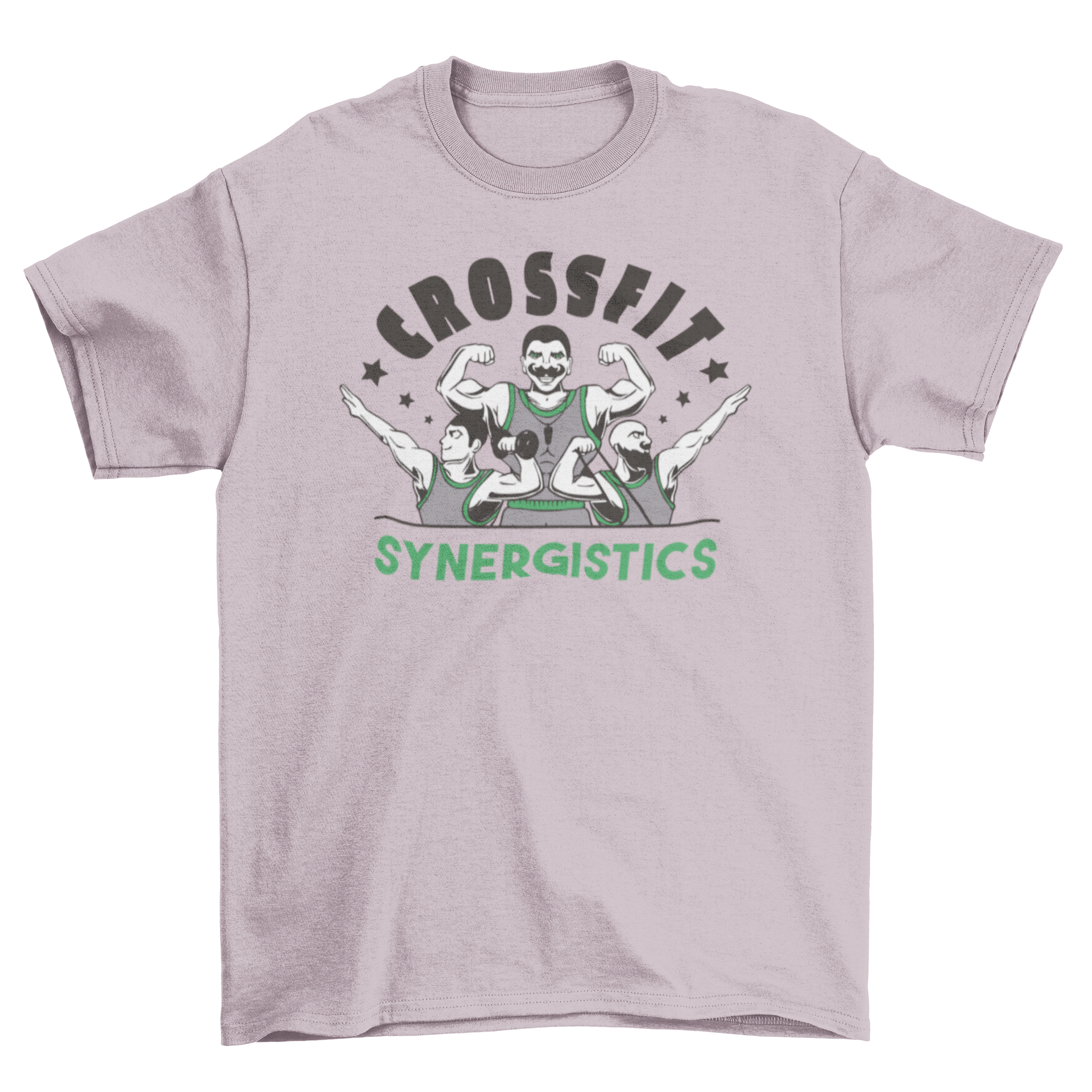 A motivational Crossfit t-shirt featuring three muscular men and the quote 'Crossfit synergistics' in a stylish design.