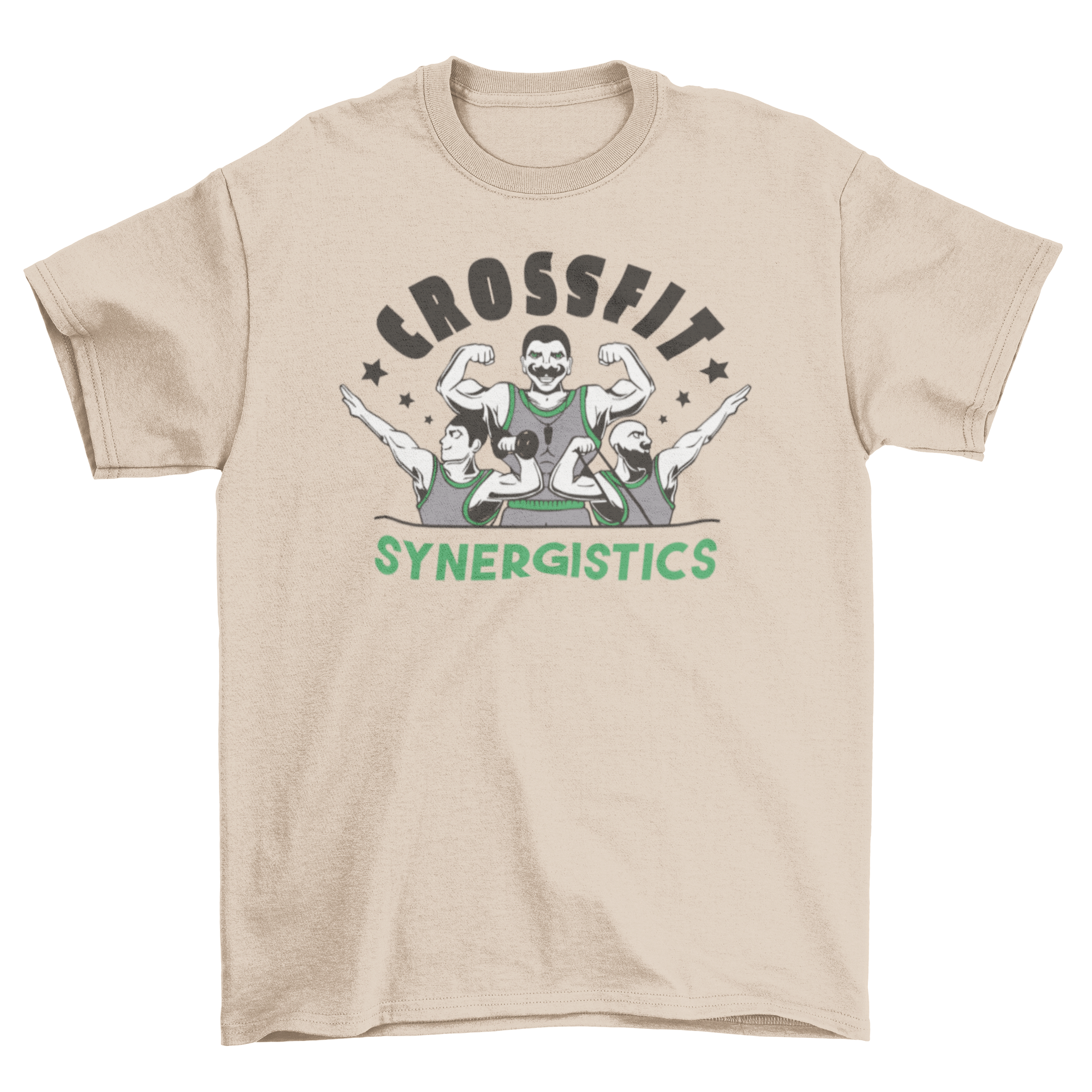 A motivational Crossfit t-shirt featuring three muscular men and the quote 'Crossfit synergistics' in a stylish design.