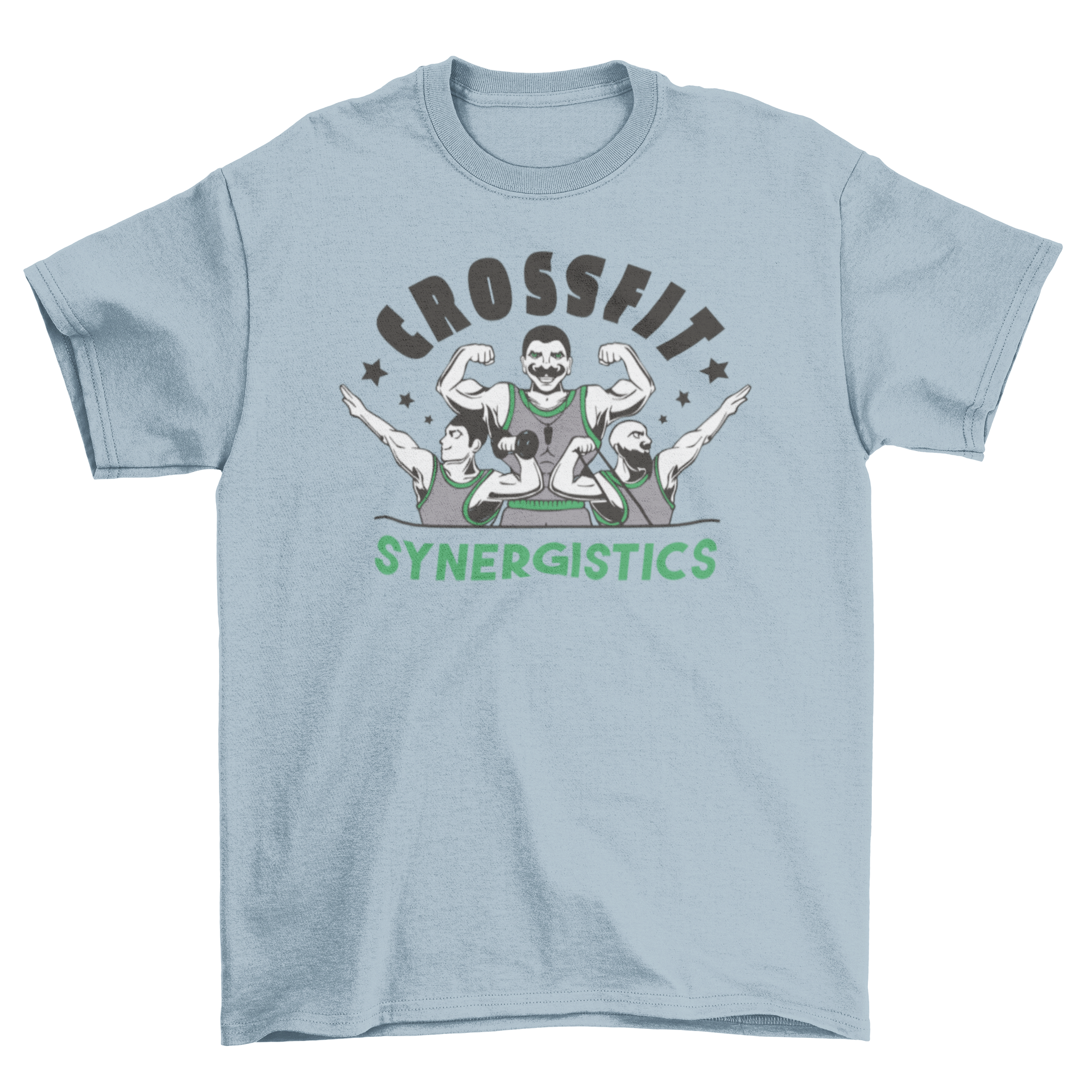 A motivational Crossfit t-shirt featuring three muscular men and the quote 'Crossfit synergistics' in a stylish design.