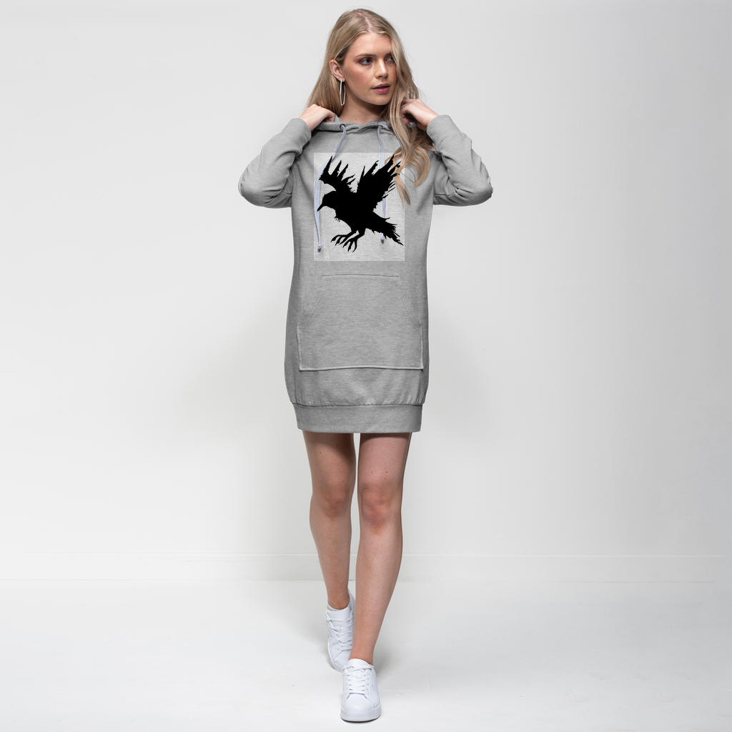 Crow Premium Adult Hoodie Dress featuring a relaxed fit, hood, and kangaroo pocket in a stylish design.