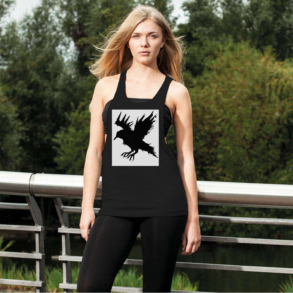 Crow Women's Loose Racerback Tank Top in light grey with wide crew neck and extra-deep armholes, showcasing its trendy and comfortable design.