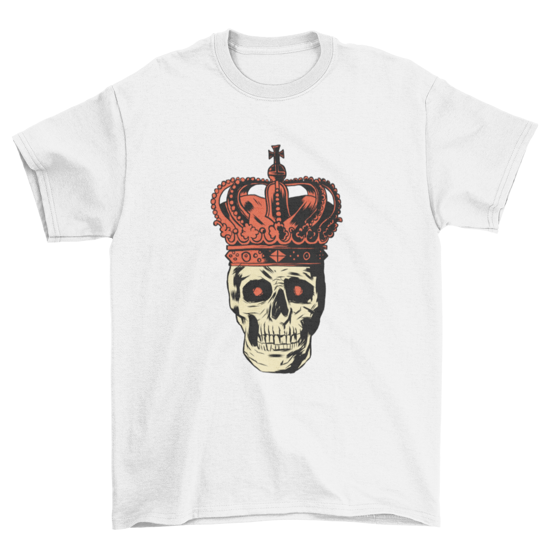 Crown Skull T-Shirt featuring a detailed skull illustration with red eyes and a large red crown.