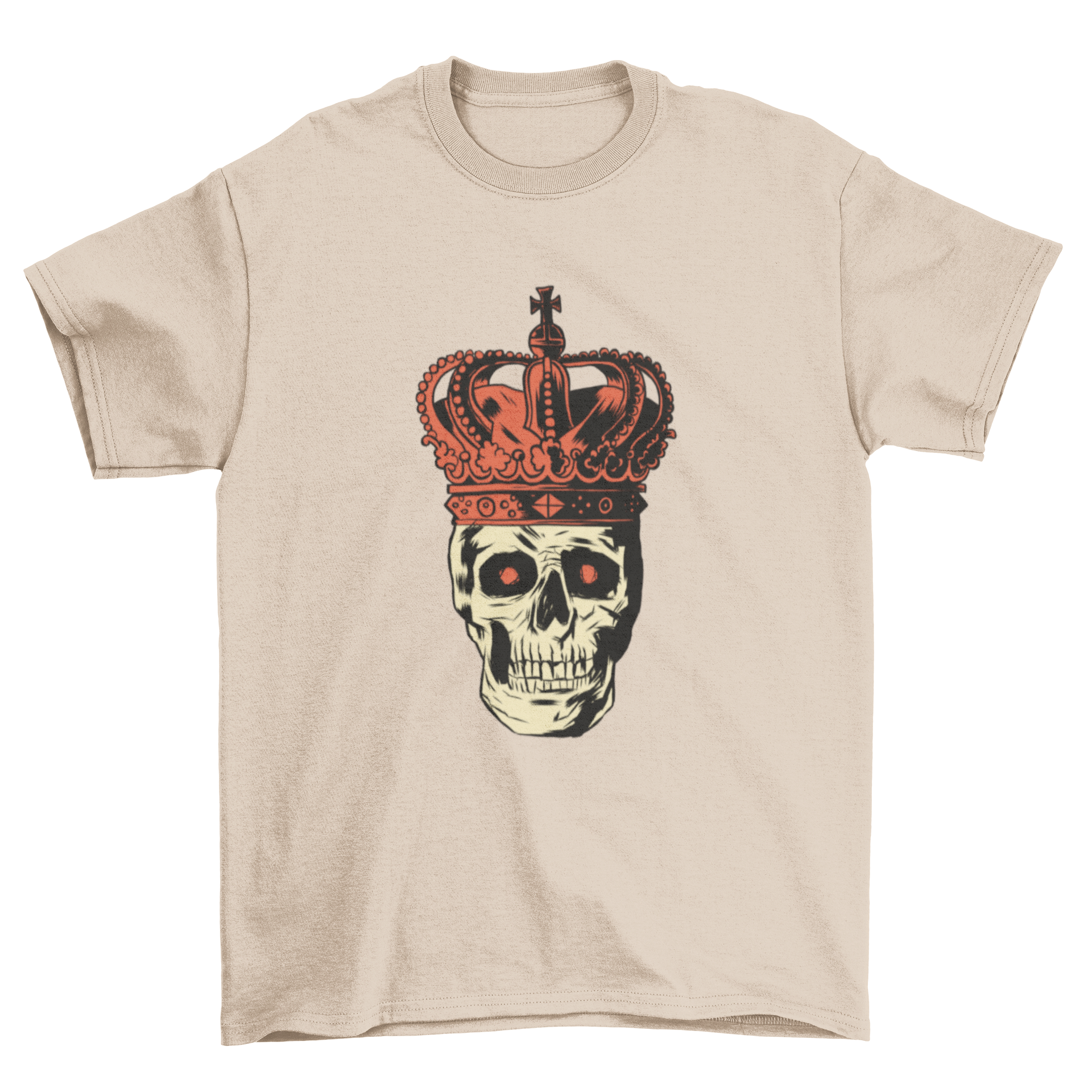 Crown Skull T-Shirt featuring a detailed skull illustration with red eyes and a large red crown.