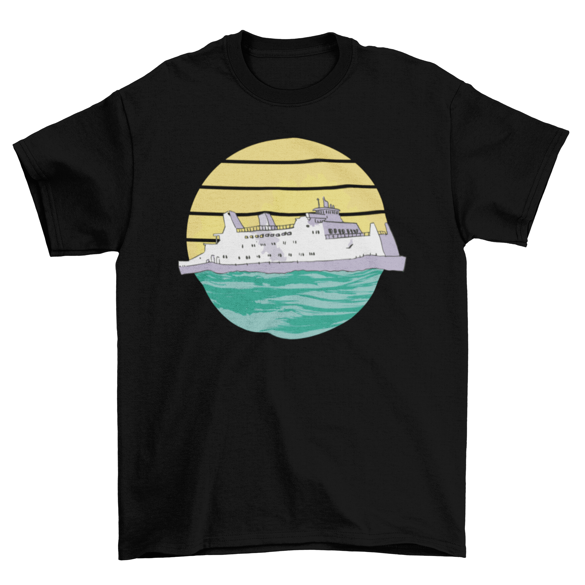 A stylish t-shirt featuring a retro sunset design with a cruise ship sailing on the ocean, perfect for summer wear.