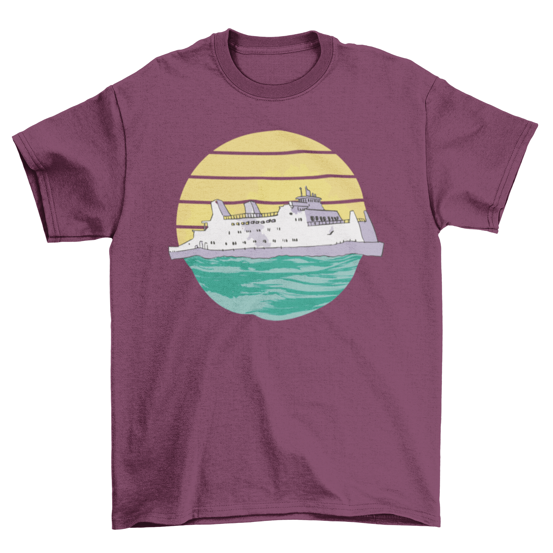 A stylish t-shirt featuring a retro sunset design with a cruise ship sailing on the ocean, perfect for summer wear.