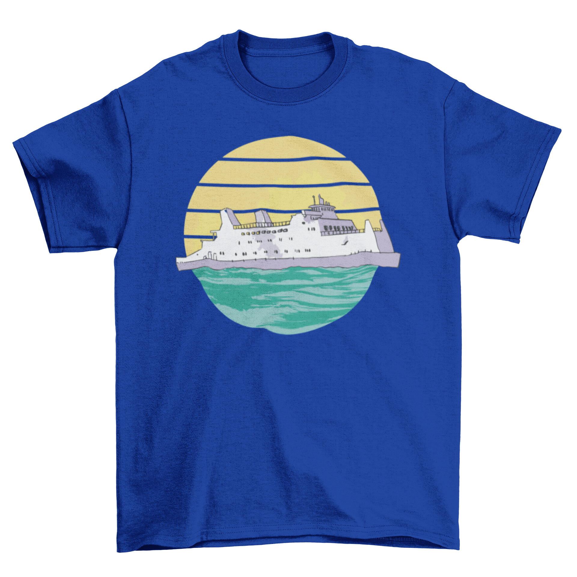 A stylish t-shirt featuring a retro sunset design with a cruise ship sailing on the ocean, perfect for summer wear.