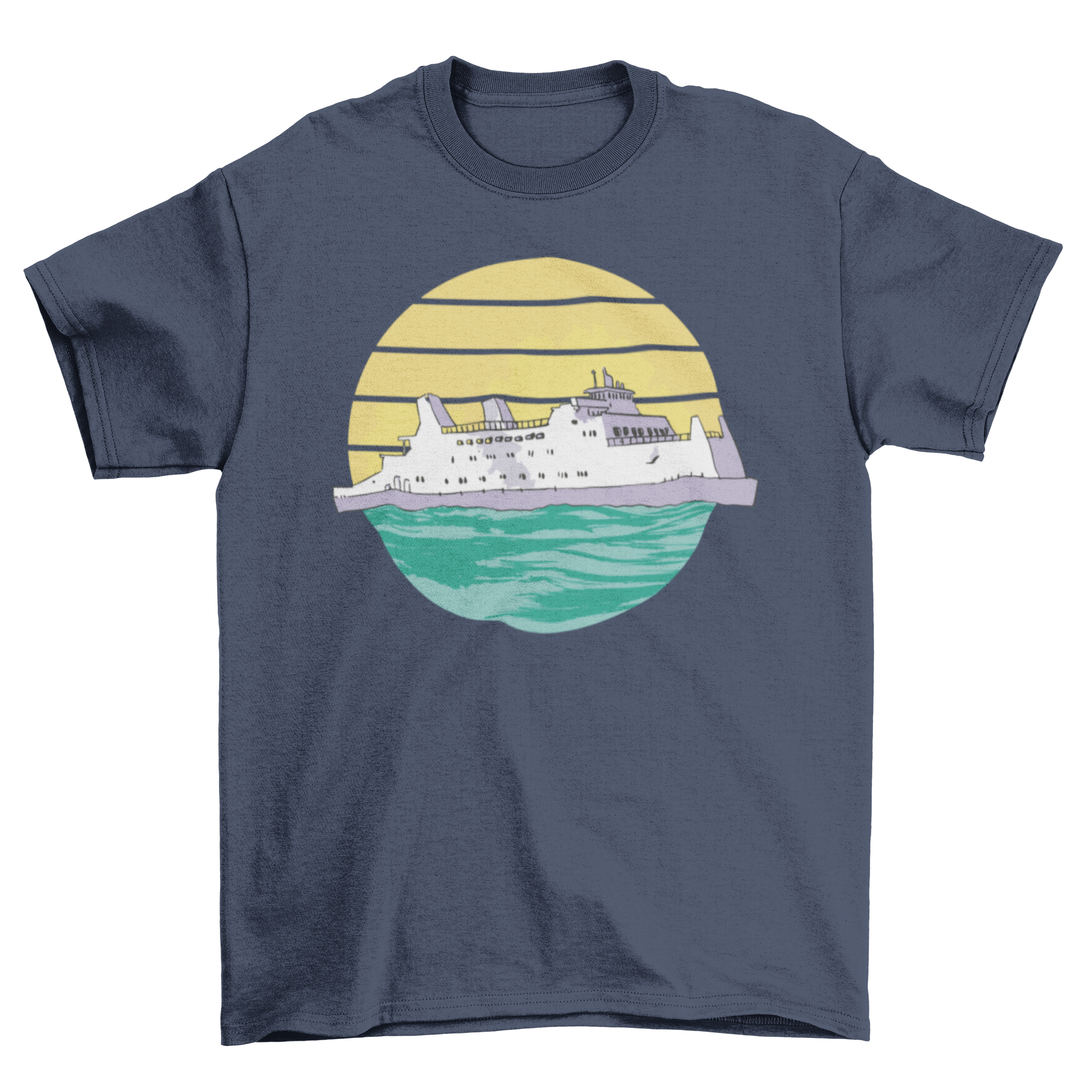 A stylish t-shirt featuring a retro sunset design with a cruise ship sailing on the ocean, perfect for summer wear.