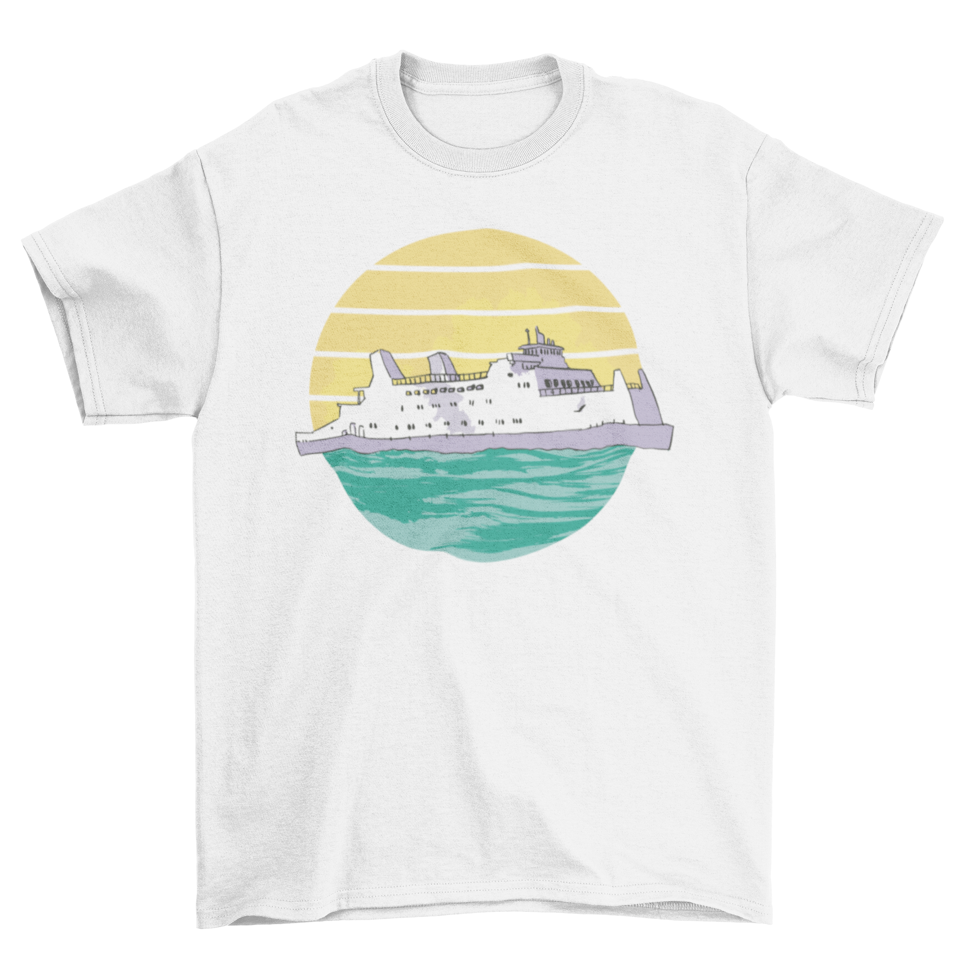 A stylish t-shirt featuring a retro sunset design with a cruise ship sailing on the ocean, perfect for summer wear.