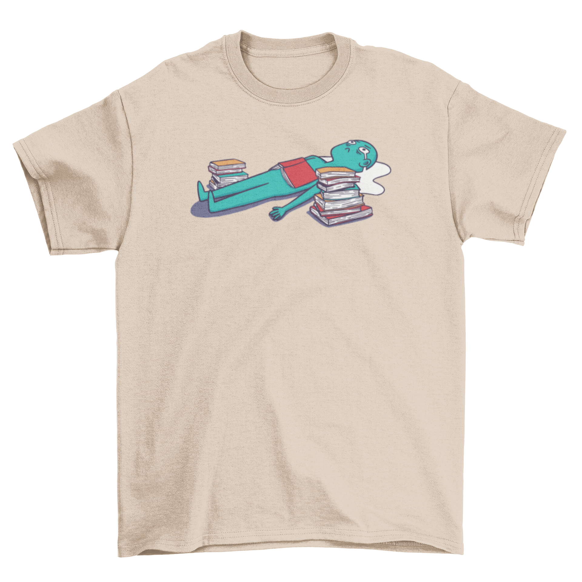 Crying Student T-Shirt featuring a student lying on the floor surrounded by tears and books, showcasing a humorous design.