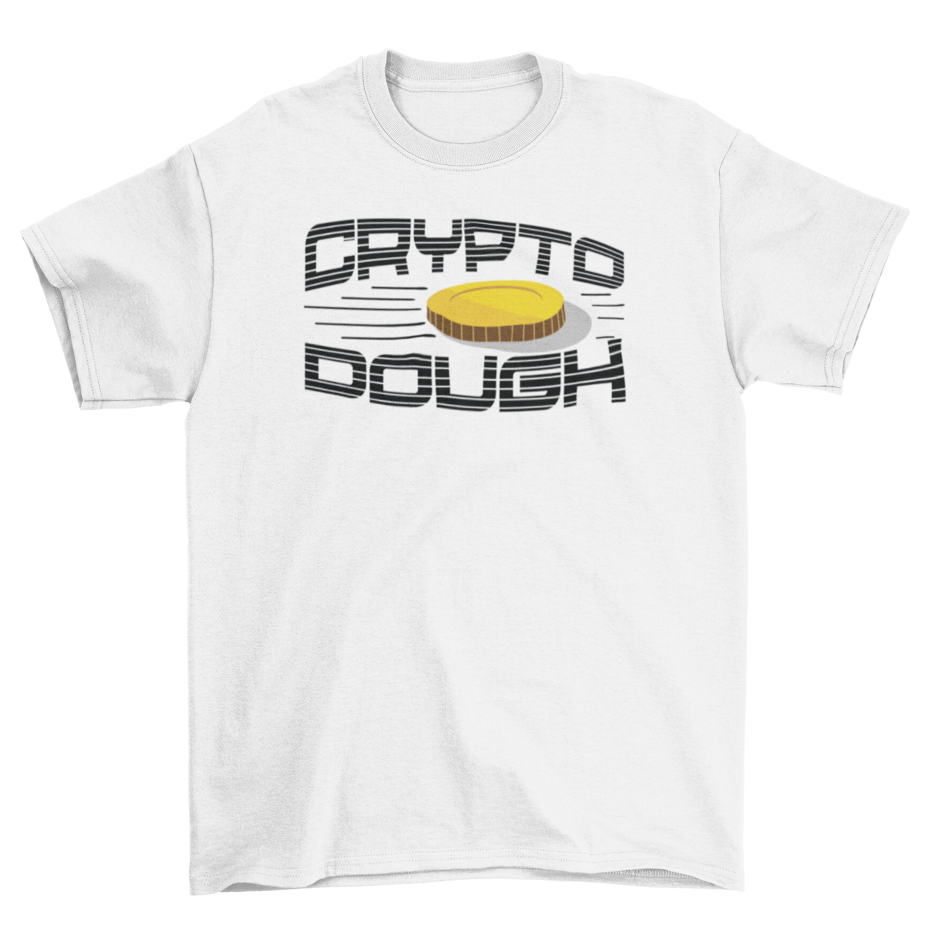 Crypto Dough t-shirt featuring a golden coin and bold caption, perfect for cryptocurrency enthusiasts.