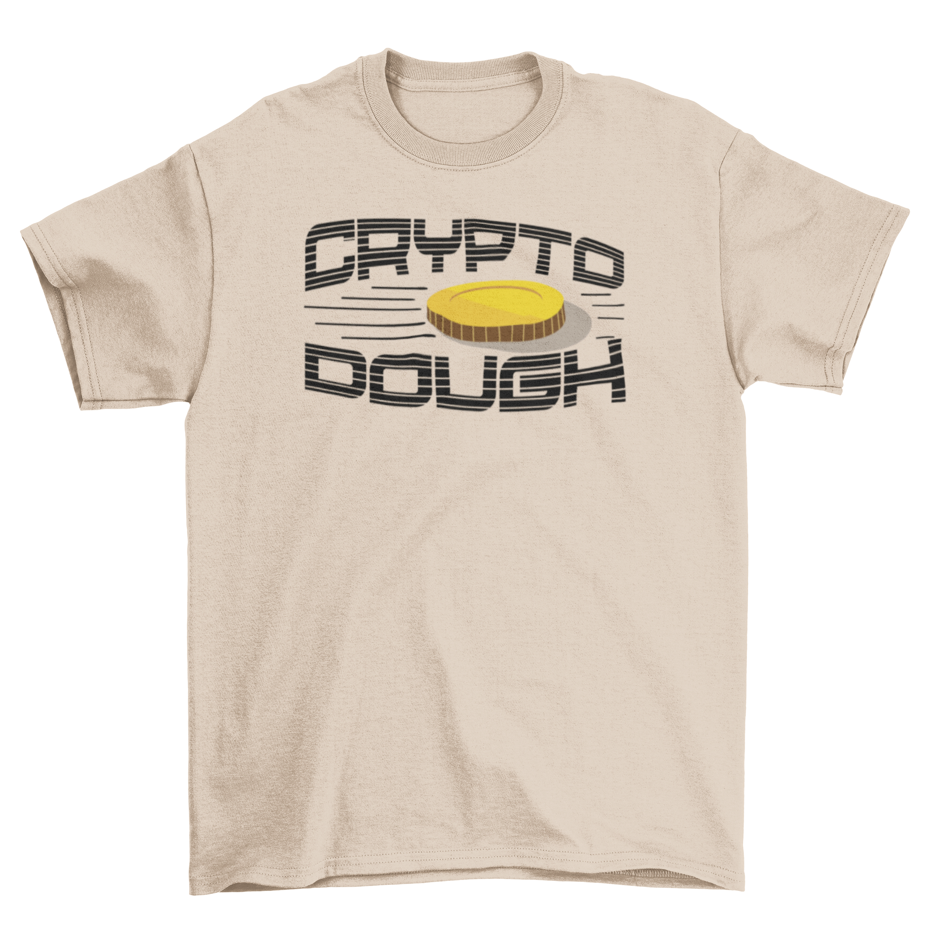 Crypto Dough t-shirt featuring a golden coin and bold caption, perfect for cryptocurrency enthusiasts.