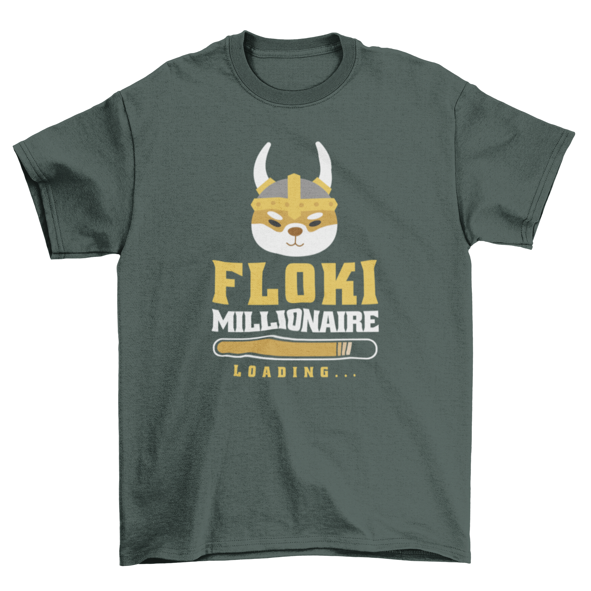 Crypto Millionaire Dog T-shirt featuring a Shiba Inu in a Viking helmet with the quote 'Floki millionaire loading'.