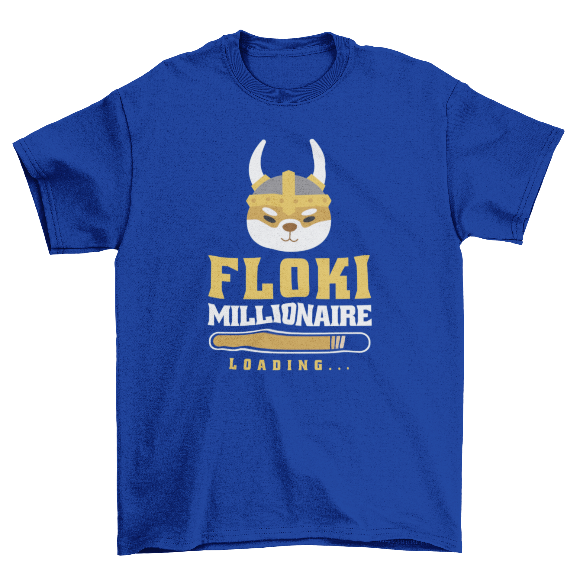 Crypto Millionaire Dog T-shirt featuring a Shiba Inu in a Viking helmet with the quote 'Floki millionaire loading'.