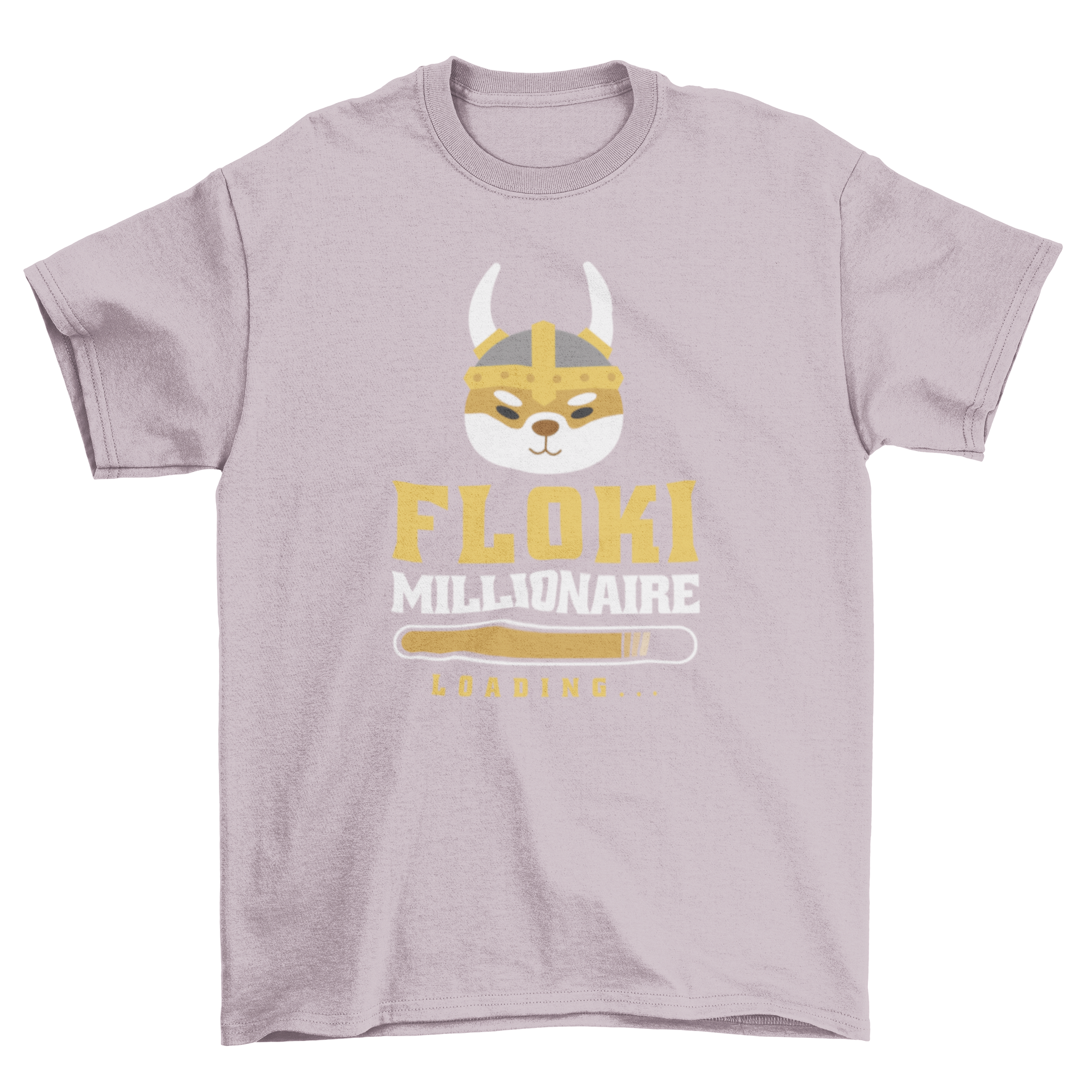 Crypto Millionaire Dog T-shirt featuring a Shiba Inu in a Viking helmet with the quote 'Floki millionaire loading'.