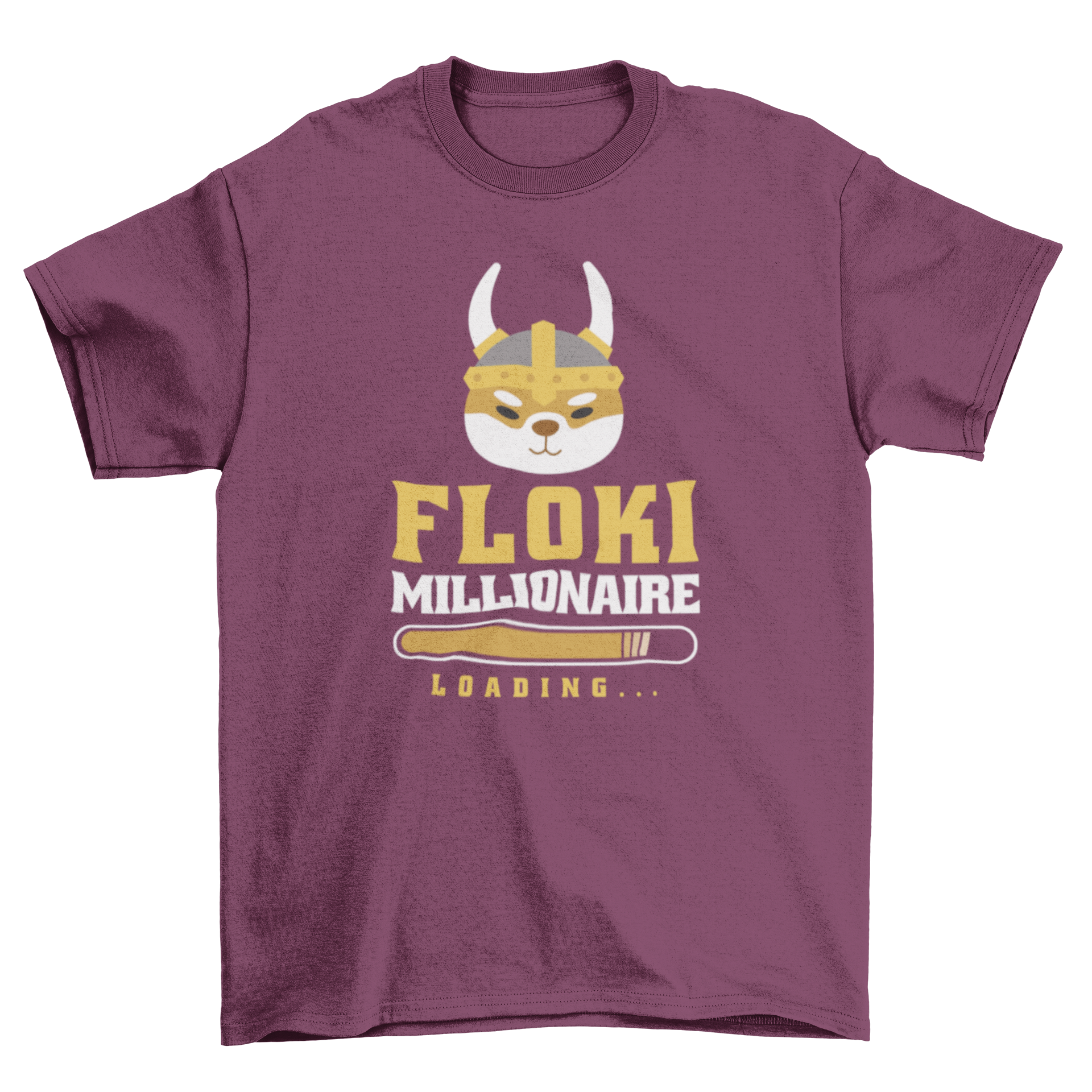 Crypto Millionaire Dog T-shirt featuring a Shiba Inu in a Viking helmet with the quote 'Floki millionaire loading'.